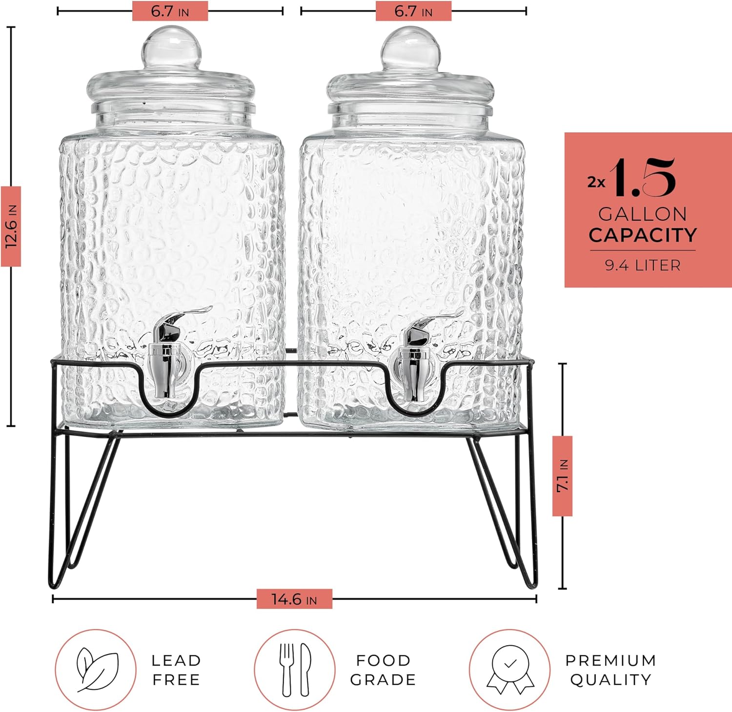 Style Setter Premium Glass Drink Dispensers with Metal Stand for Parties – Beverage Dispenser Set for Cold Drinks, Lemonade, Cocktails, Juice – Party Glass Drink Dispenser Station - 1.5 Gal, Set of 2 - Image 3