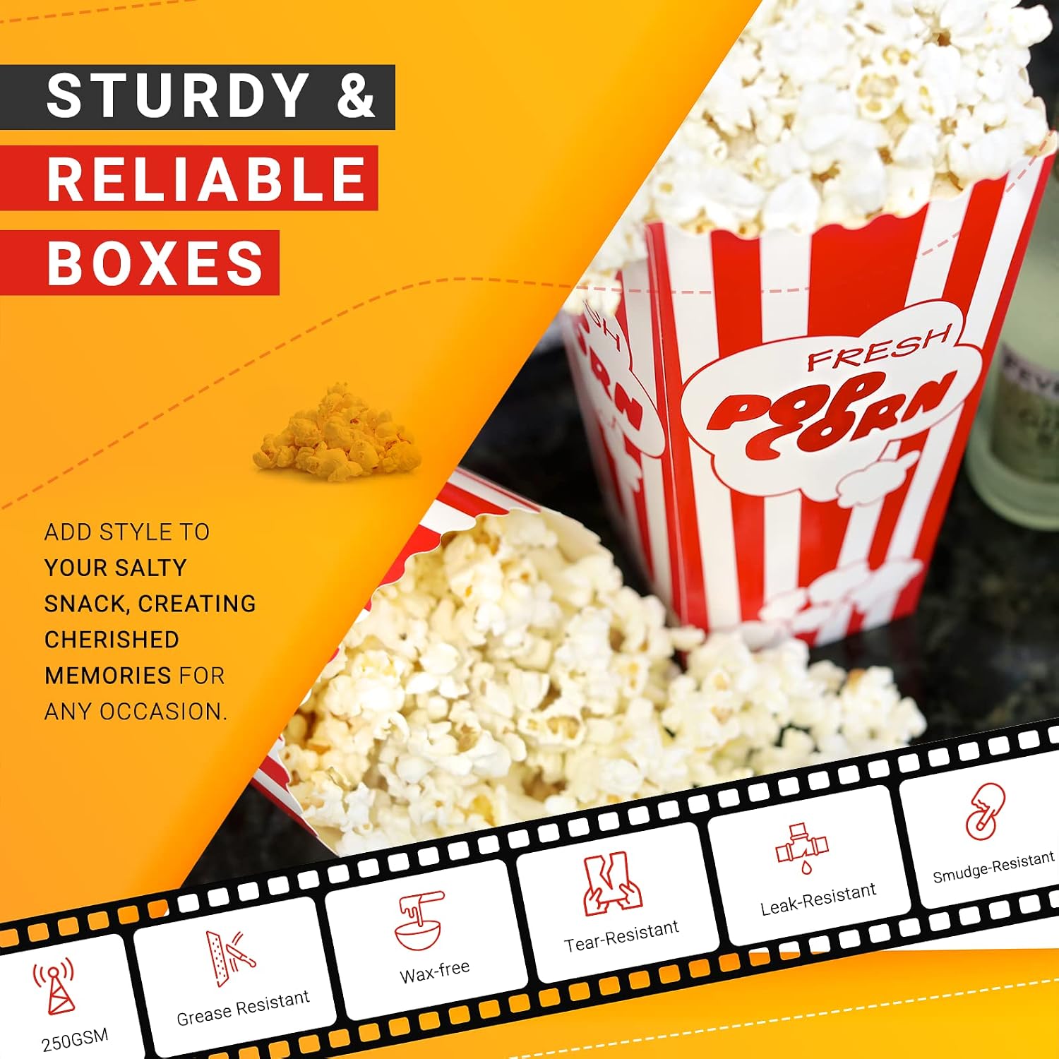 30 Movie Night Popcorn Paper Boxes Buckets 7.75 Inches Tall Large Box & Holds 46 Oz Old Fashion Vintage Retro Party Design Red & White Colored Nostalgic Carnival Stripes Bags & Tubs various qty avail - Image 3