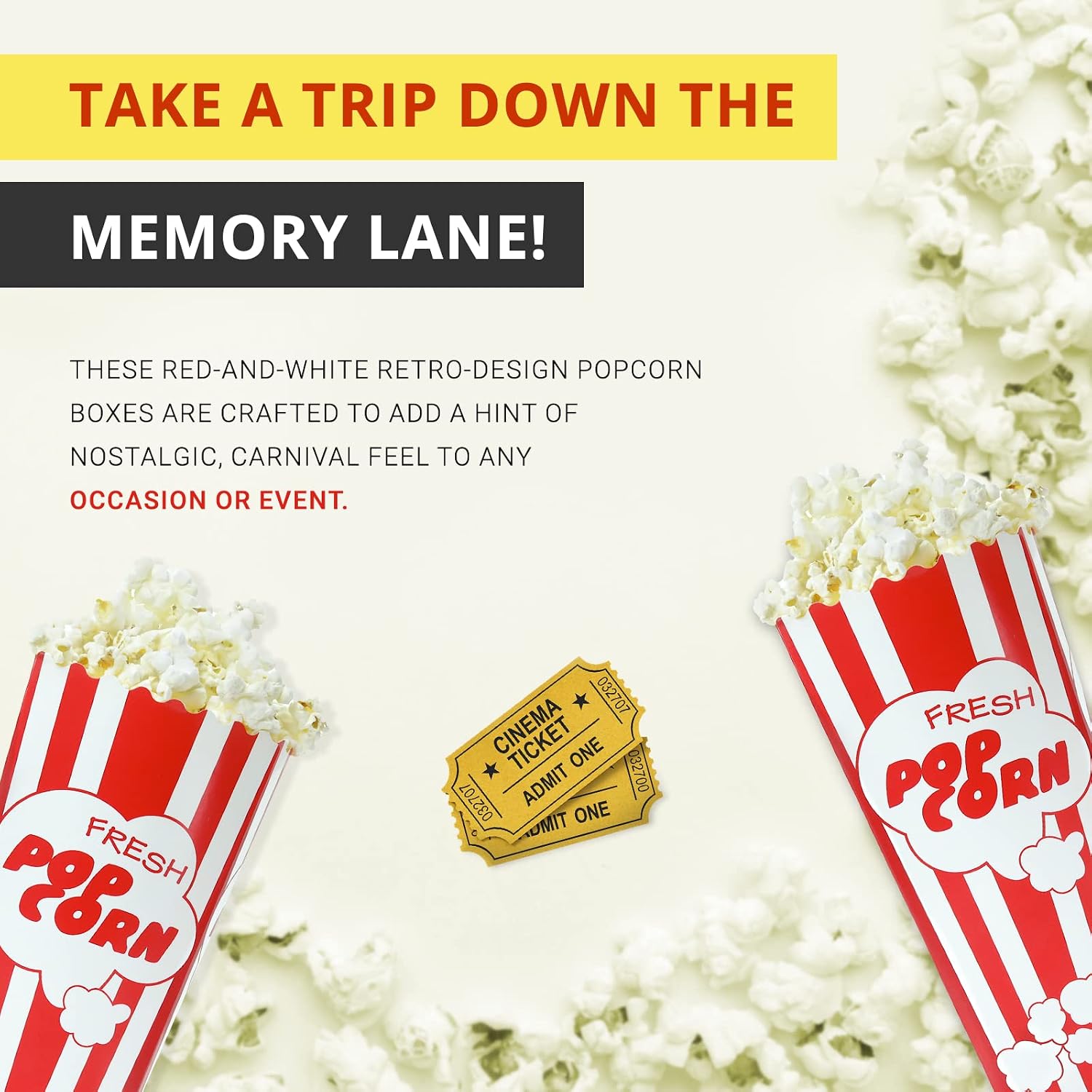 30 Movie Night Popcorn Paper Boxes Buckets 7.75 Inches Tall Large Box & Holds 46 Oz Old Fashion Vintage Retro Party Design Red & White Colored Nostalgic Carnival Stripes Bags & Tubs various qty avail - Image 4