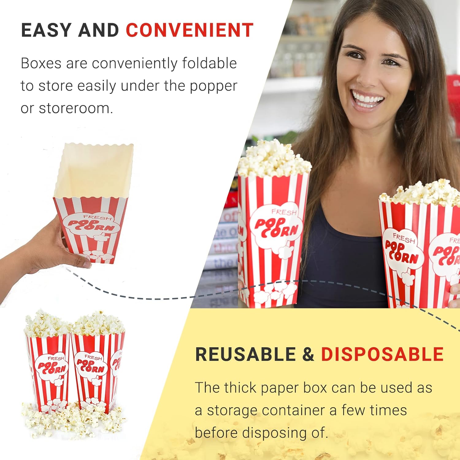 30 Movie Night Popcorn Paper Boxes Buckets 7.75 Inches Tall Large Box & Holds 46 Oz Old Fashion Vintage Retro Party Design Red & White Colored Nostalgic Carnival Stripes Bags & Tubs various qty avail - Image 5