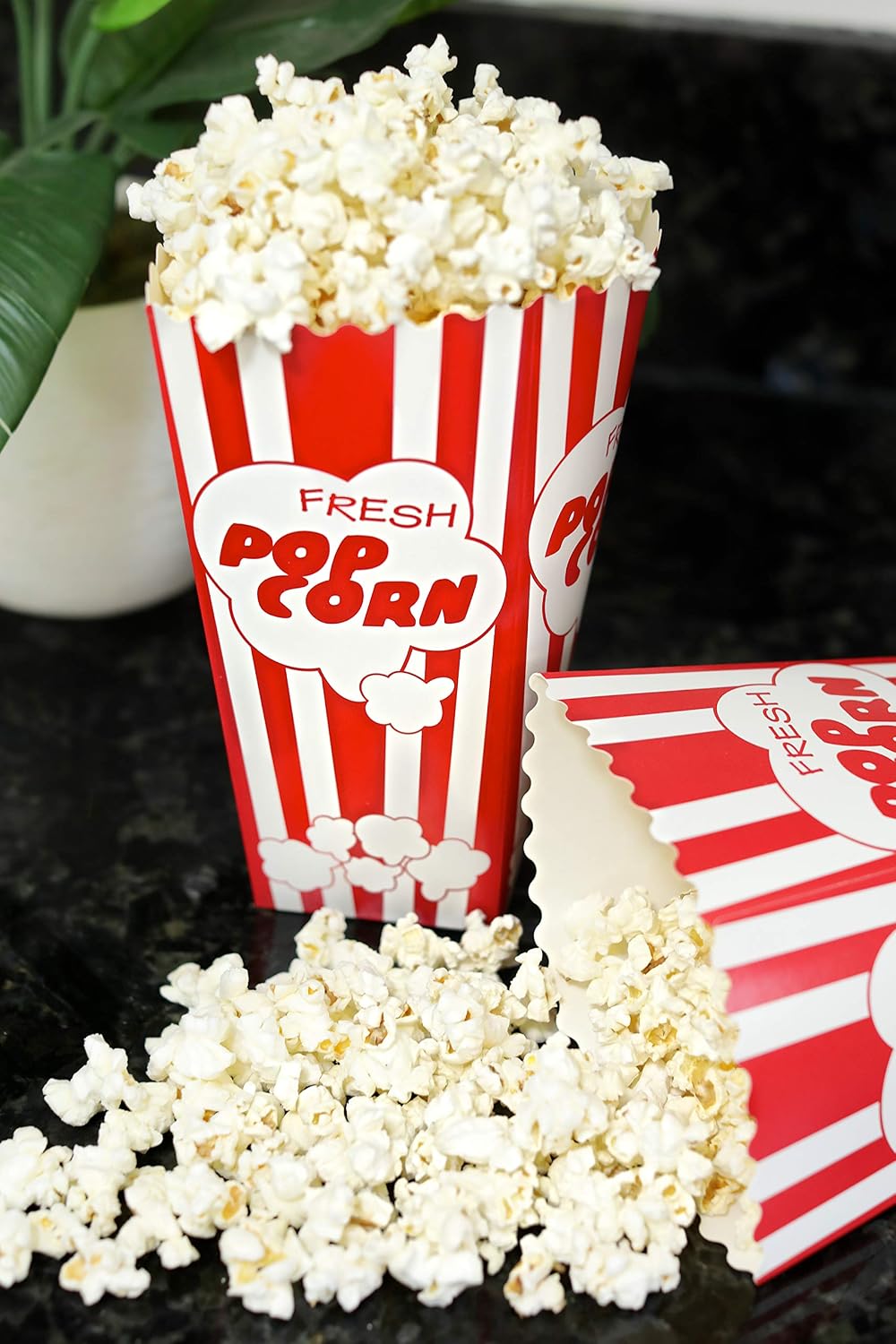 30 Movie Night Popcorn Paper Boxes Buckets 7.75 Inches Tall Large Box & Holds 46 Oz Old Fashion Vintage Retro Party Design Red & White Colored Nostalgic Carnival Stripes Bags & Tubs various qty avail - Image 7