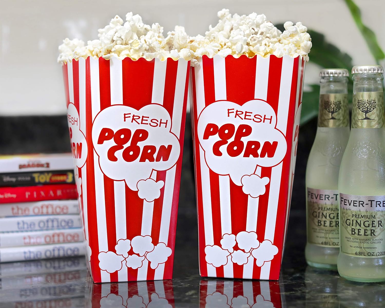 30 Movie Night Popcorn Paper Boxes Buckets 7.75 Inches Tall Large Box & Holds 46 Oz Old Fashion Vintage Retro Party Design Red & White Colored Nostalgic Carnival Stripes Bags & Tubs various qty avail - Image 9