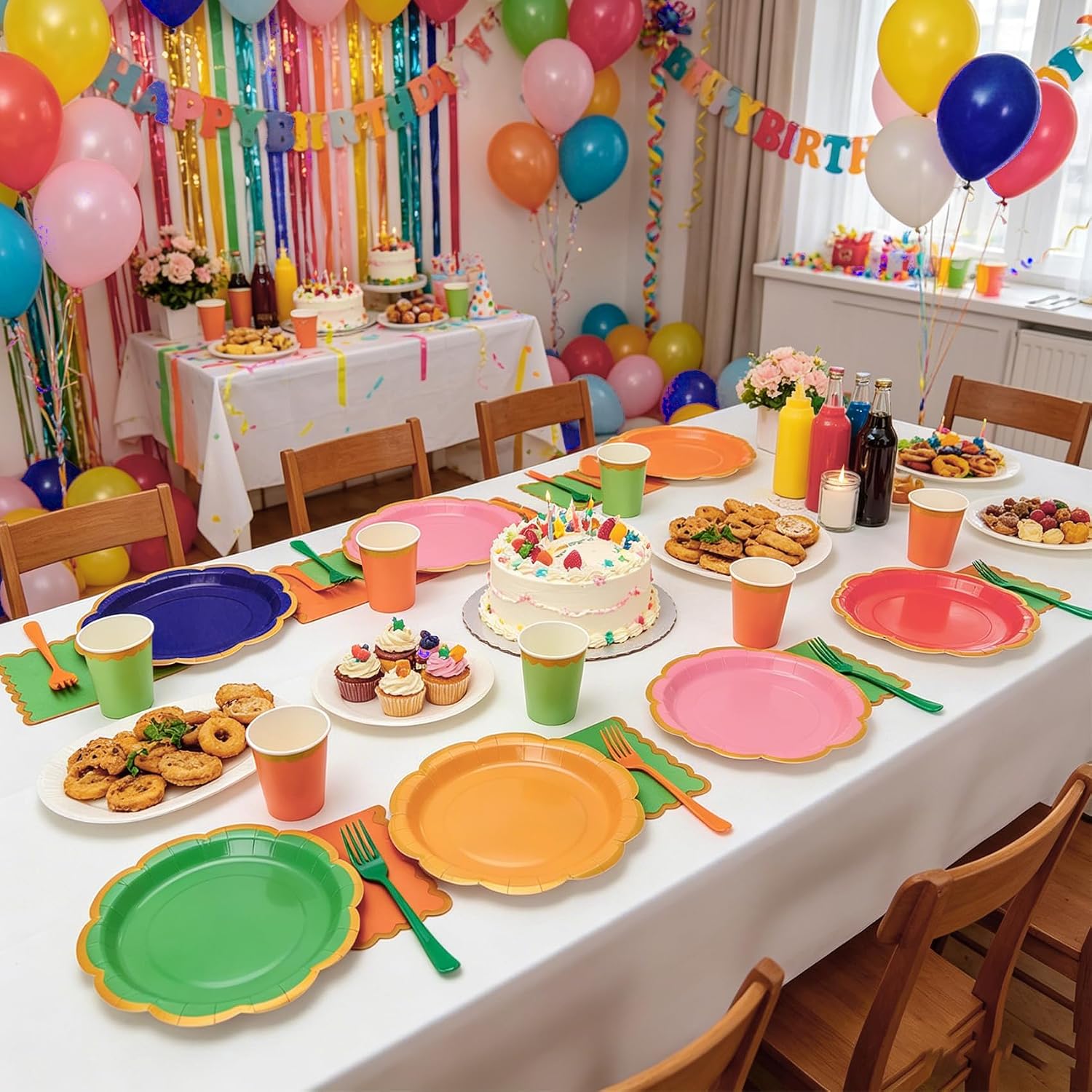 192Pcs Colorful Paper Plates and Napkins Party Supplies, Disposable 9’’ Scalloped Colored Party Plates Tableware Set for Rainbow Birthday, Wedding, Baby Shower Decorations, Serves for 48 Guests - Image 5