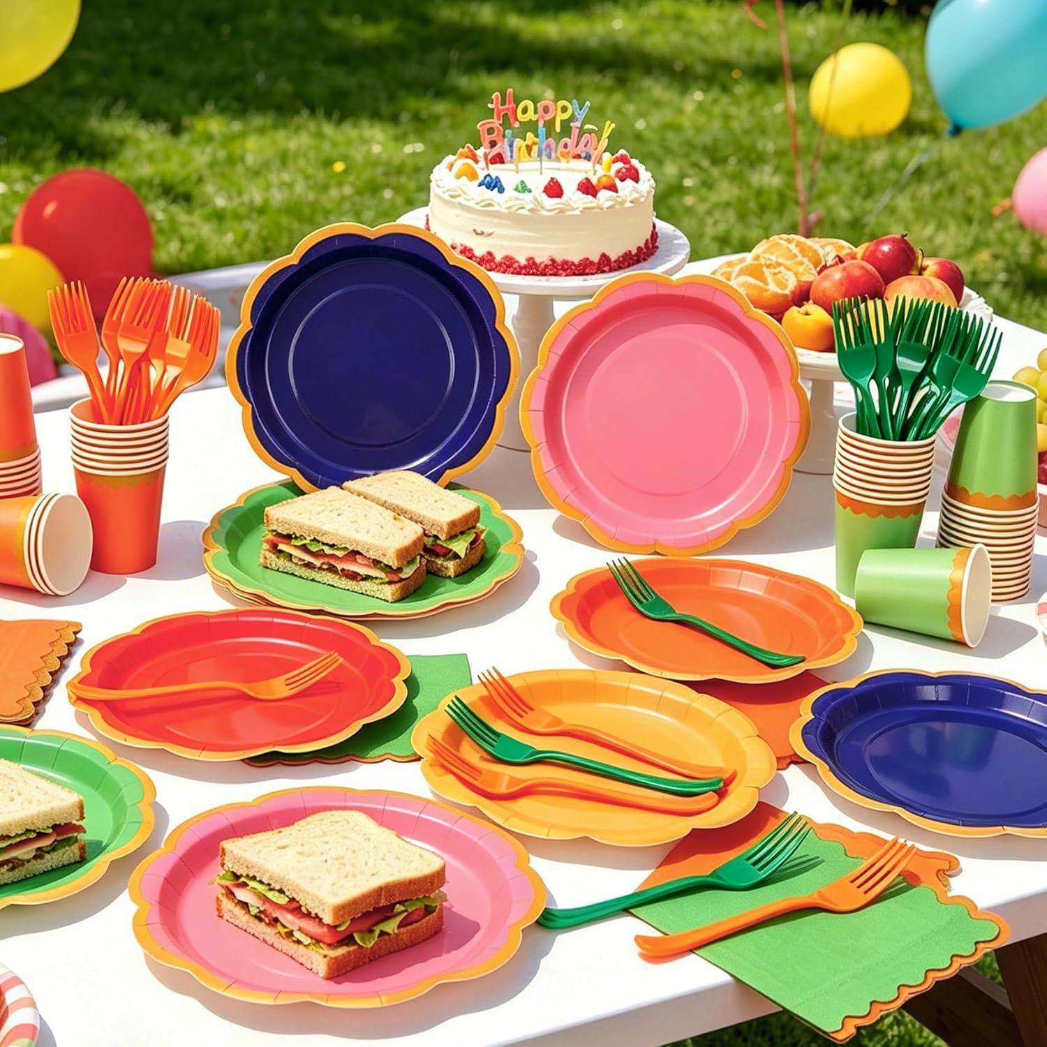 192Pcs Colorful Paper Plates and Napkins Party Supplies, Disposable 9’’ Scalloped Colored Party Plates Tableware Set for Rainbow Birthday, Wedding, Baby Shower Decorations, Serves for 48 Guests - Image 7