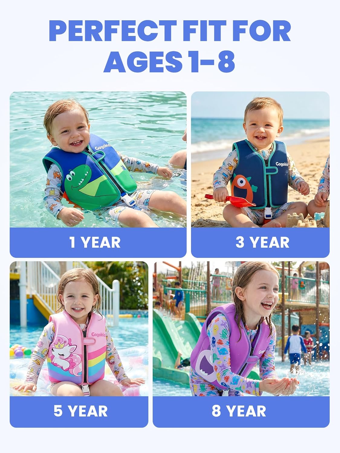Gogokids Toddler Swim Vest Pool Floaties for Kids 1-2-3-5-6-9-12 Yrs, Neoprene Swimming Jacket w/Adjustable Strap & Zip, Kids Pool Float Jacket 30-50-70-90 Pounds for Boys Girls Youth Teens - Image 6