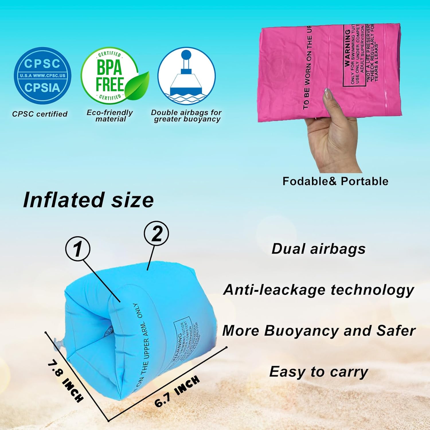 2 Pack Arm Floaties for Kids and Adults- Inflatable Floaties for Kids 6-12yrs, Blow up Water Wings for Toddlers, Swimming Arm Pool Floats for Children and Adults 30-150LBS(Blue and Pink) - Image 5