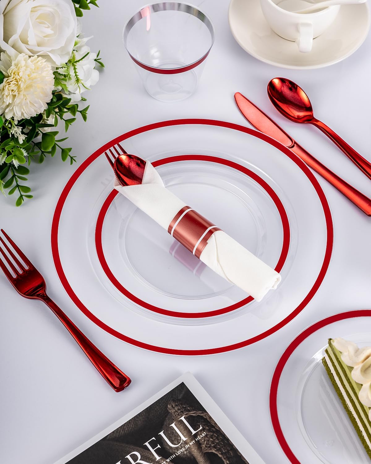 BESTVIP 350PCS Disposable Clear Red Dinnerware Sets for 50 Guests, Plastic Plates for Party, 100 Plastic Plates, 50 Cups, 50 Pre-Rolled Napkins with Cutlery for Parties, Christmas, Wedding - Image 2