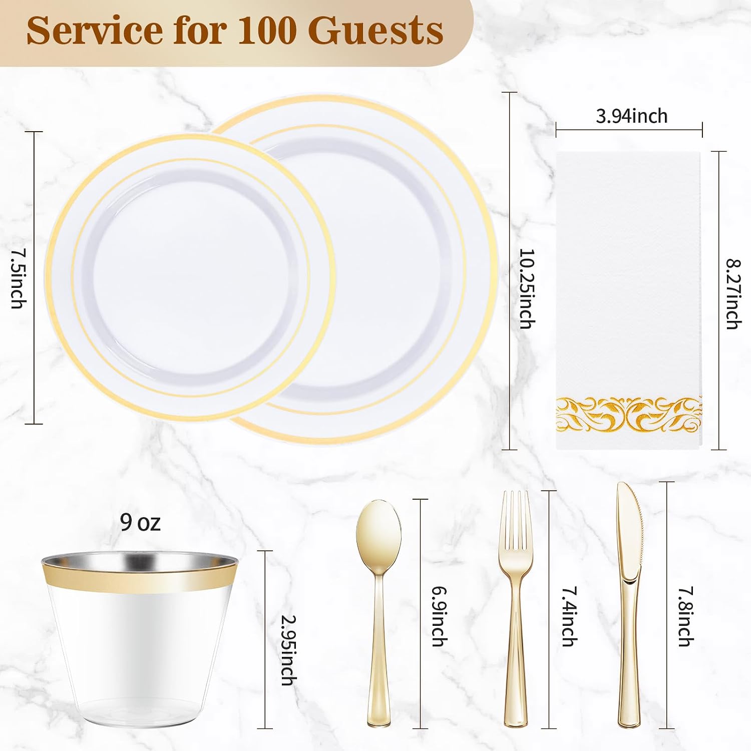 BESTVIP Gold Dinnerware Set for 100 Guests, Plastic Dinnerware Set for Party, Include: 100 Gold Dinner Plates, 100 Bowls, 100 Dessert Plates, 100 Plastic Silverware Set, 100 Cups, 100 Paper Napkins - Image 4