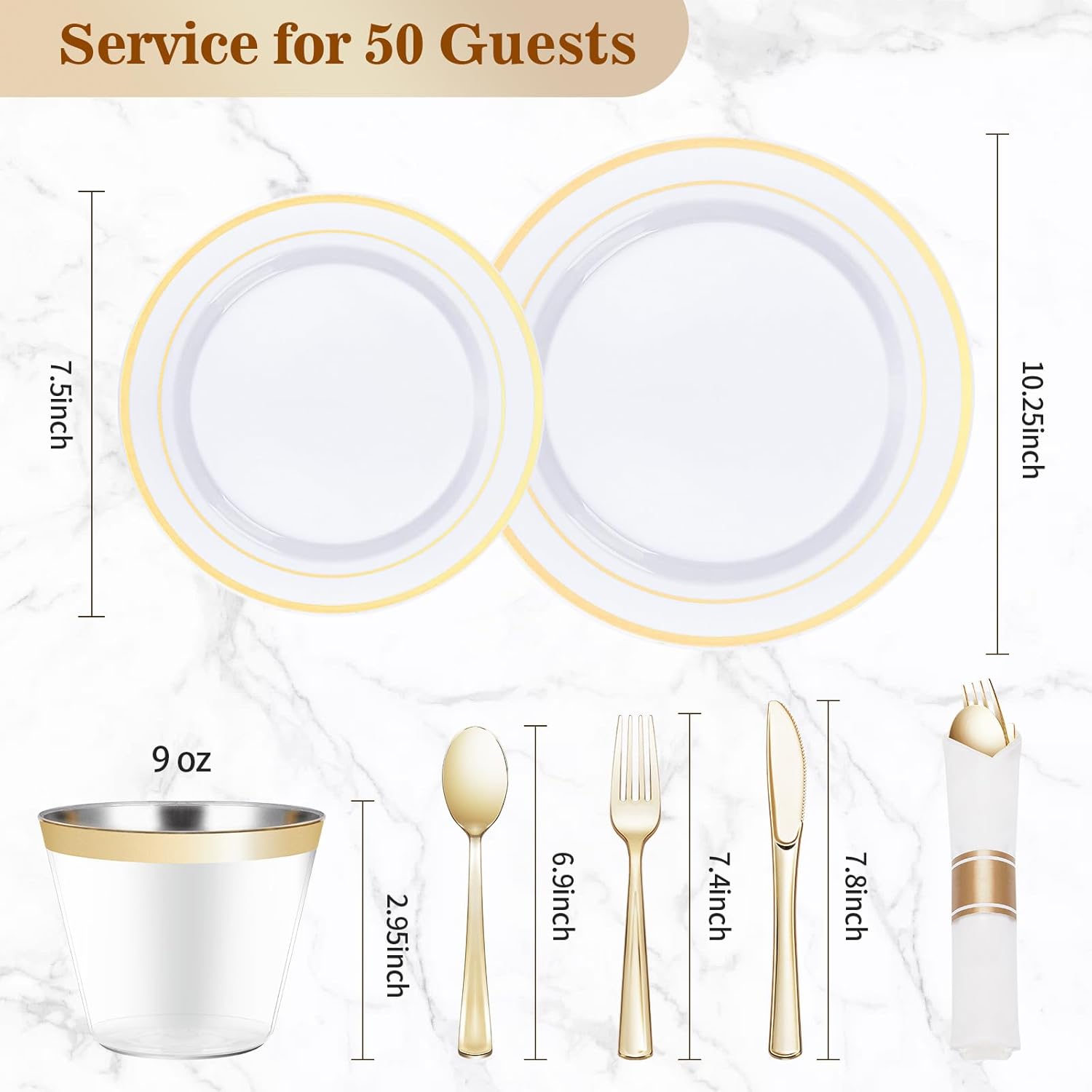 BESTVIP Gold Plastic Dinnerware Set, Disposable Party Plates for 50 Guests, Include: 100 Plastic Plates, 100 Bowls, 50 Pre Rolled Napkins with Gold Silverware, 50 Cups - Image 3
