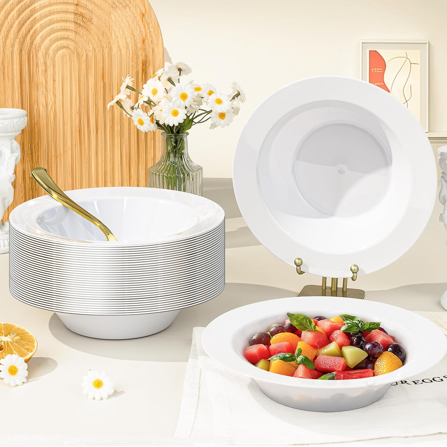 BESTVIP Gold Plastic Dinnerware Set, Disposable Party Plates for 50 Guests, Include: 100 Plastic Plates, 100 Bowls, 50 Pre Rolled Napkins with Gold Silverware, 50 Cups - Image 6