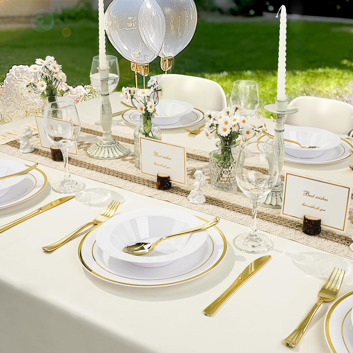 BESTVIP Gold Plastic Dinnerware Set, Disposable Party Plates for 50 Guests, Include: 100 Plastic Plates, 100 Bowls, 50 Pre Rolled Napkins with Gold Silverware, 50 Cups - Image 8