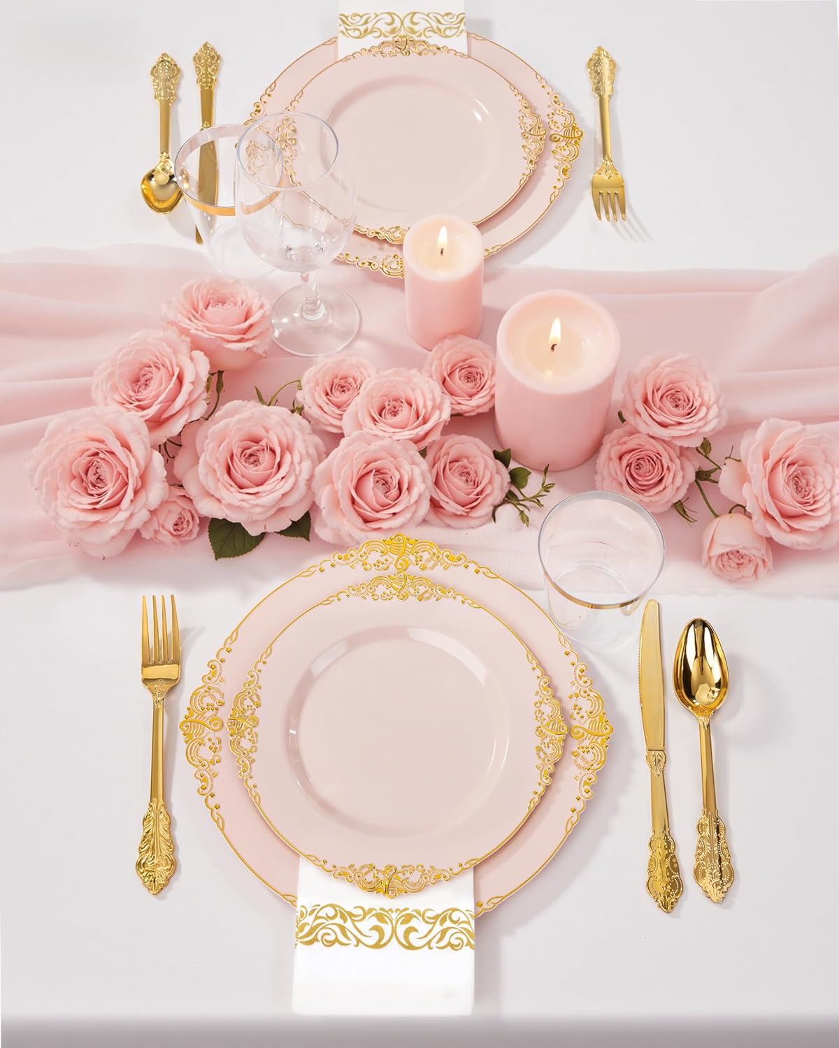 Nervure 350PCS Pink Plastic Plates - Pink Plastic Dinnerware Sets for 50 Guests - 100 Disposable Plates, 150 Gold Silverware, 50 Cups, 50 Napkins Perfect for Wedding & Party - Image 5