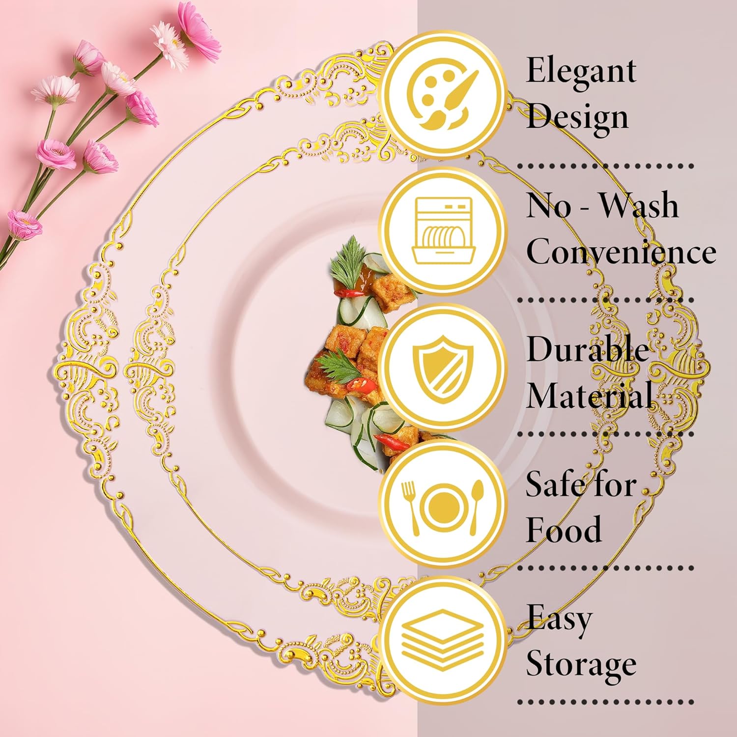 Nervure 350PCS Pink Plastic Plates - Pink Plastic Dinnerware Sets for 50 Guests - 100 Disposable Plates, 150 Gold Silverware, 50 Cups, 50 Napkins Perfect for Wedding & Party - Image 9