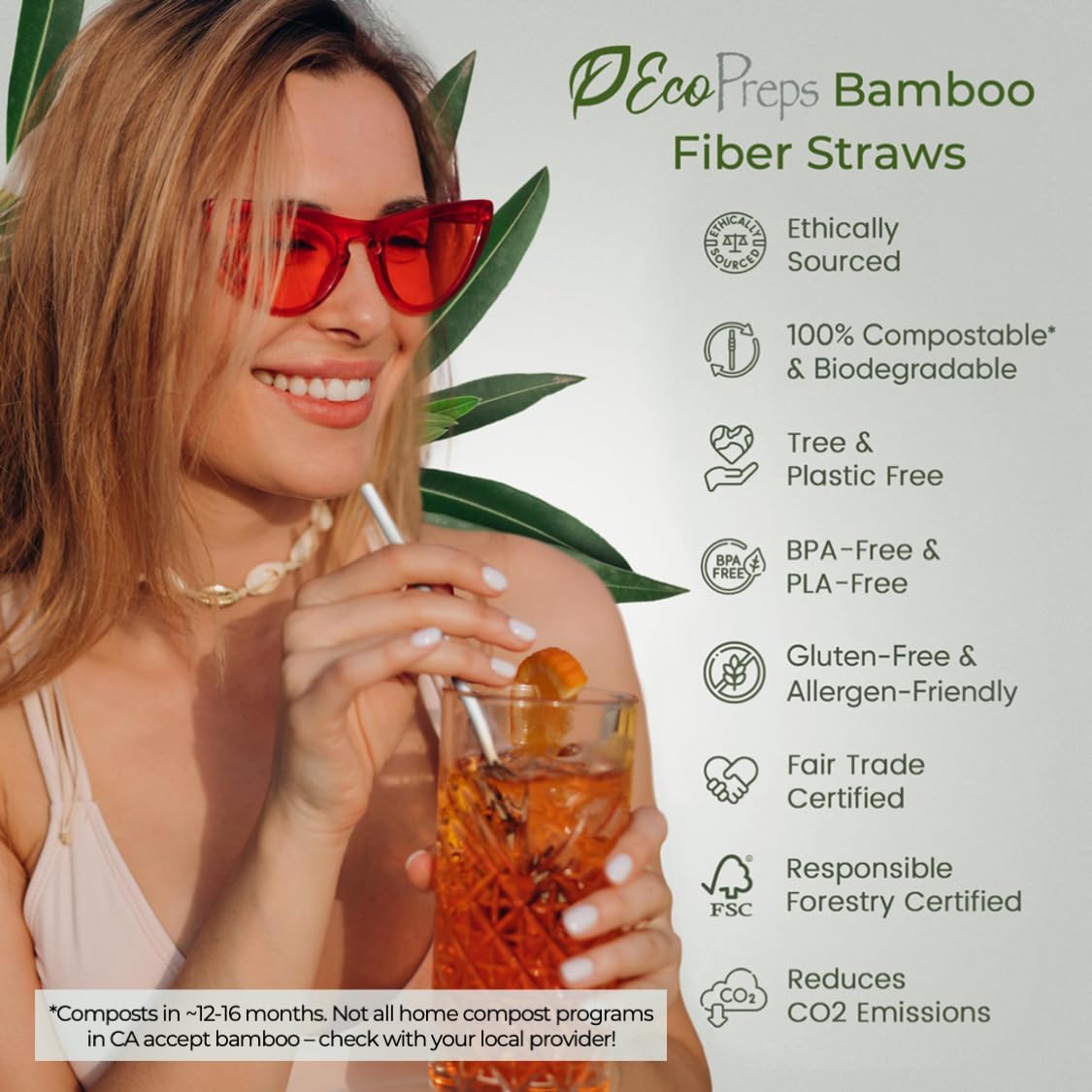 EcoPreps Biodegradable Bamboo Fiber Straws, Plastic-Free Individually Wrapped Straws | 100 Count, 100% Compostable, Eco-Friendly Drinking Straw | 7.8'' Plant Fiber Disposable Straw in White Paper Wrap - Image 4