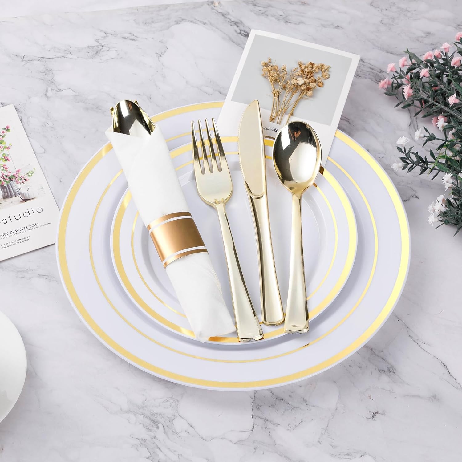 BESTVIP Gold Plastic Dinnerware Set, Disposable Party Plates for 50 Guests, Include: 100 Plastic Plates, 100 Bowls, 50 Pre Rolled Napkins with Gold Silverware, 50 Cups - Image 2