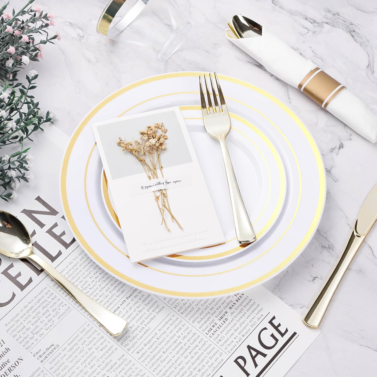 BESTVIP Gold Plastic Dinnerware Set, Disposable Party Plates for 50 Guests, Include: 100 Plastic Plates, 100 Bowls, 50 Pre Rolled Napkins with Gold Silverware, 50 Cups - Image 4