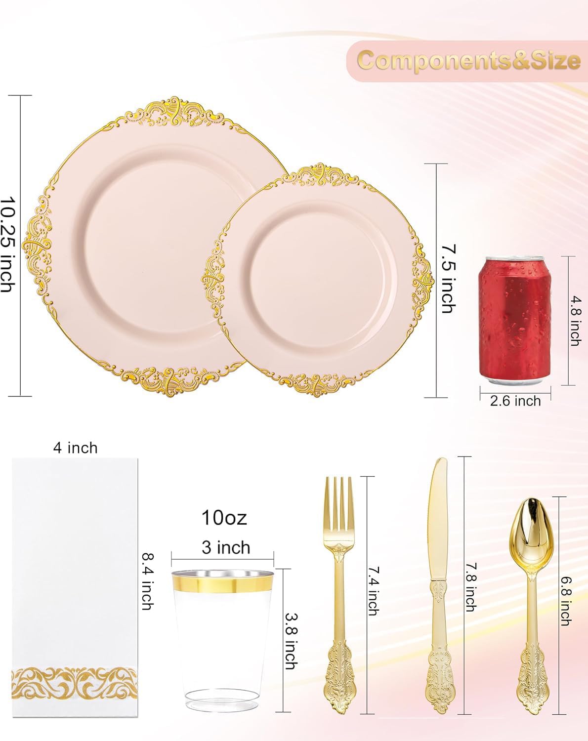 Nervure 350PCS Pink Plastic Plates - Pink Plastic Dinnerware Sets for 50 Guests - 100 Disposable Plates, 150 Gold Silverware, 50 Cups, 50 Napkins Perfect for Wedding & Party - Image 3