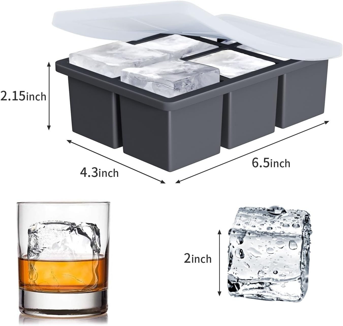 Large Ice Cube Tray for Whiskey: FDDBI Silicone Ice Cube Trays with Lid - 2Pack Big Square Old Fashioned Ice Cube Maker for Cocktail - 2inch Huge Cubed Ice Trays for Whisky - Image 5