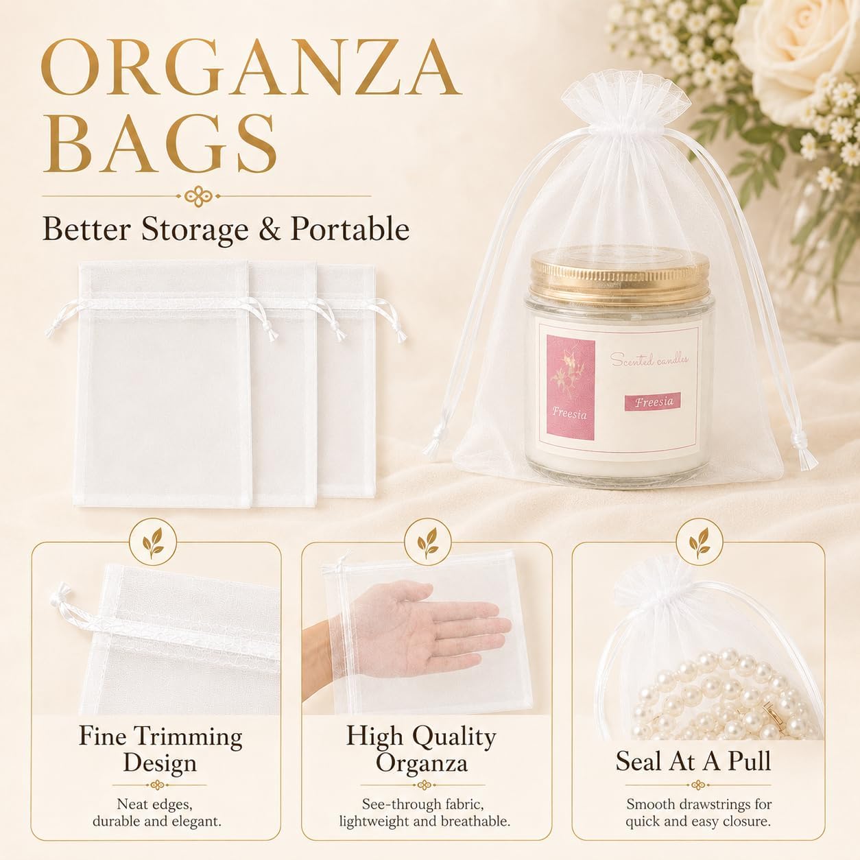 ANZNKU 50 Pack Organza Bags 5 x 7 in White Small Mesh Gift Bags Bulk Drawstring for Wedding Party Favors, Little Goodie Bag for Candy Jewelry Soap Makeup, Treat Sachet Pouch for Baby Shower Graduation - Image 8