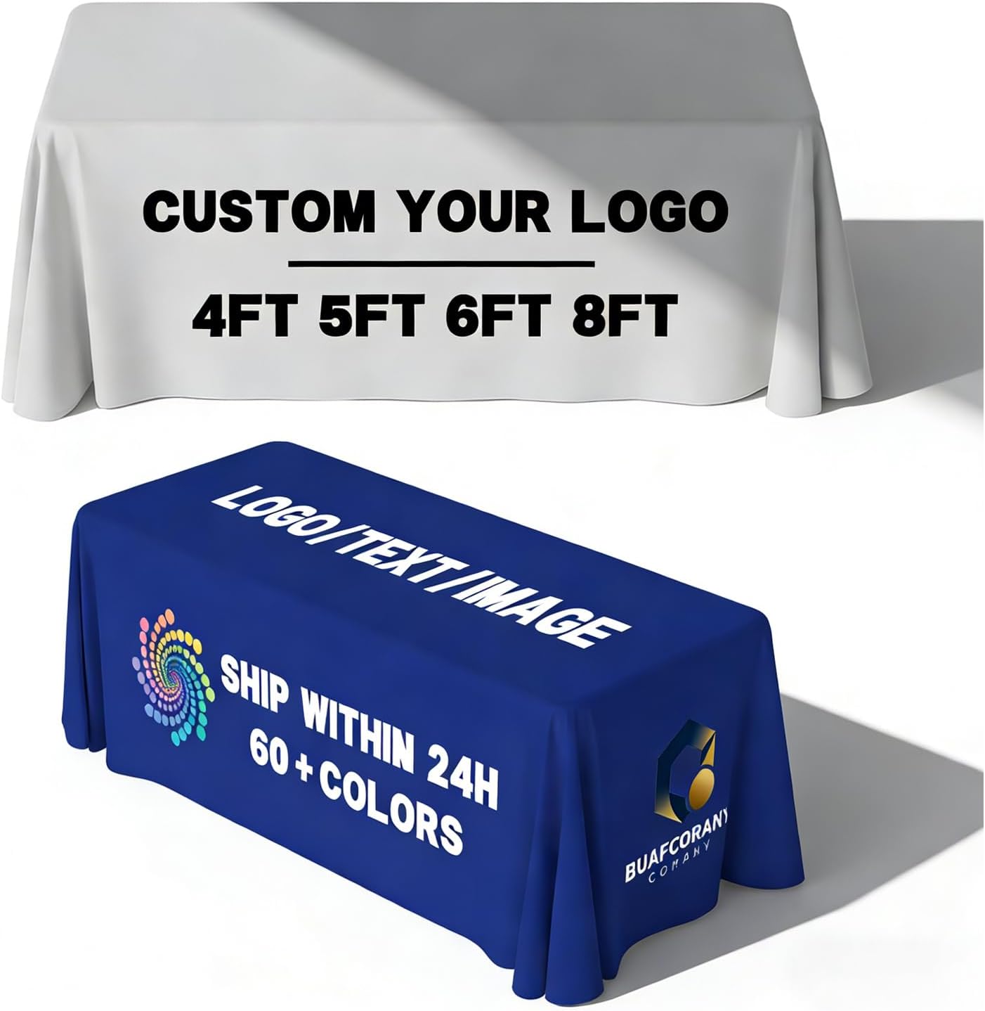 Custom Table Cloth with Business Logo Text Image 4/5/6/8/10FT Personalized Table Cloths for Business Tradeshow Events Company Shop School Welfare Organization (4FT Open Back)
