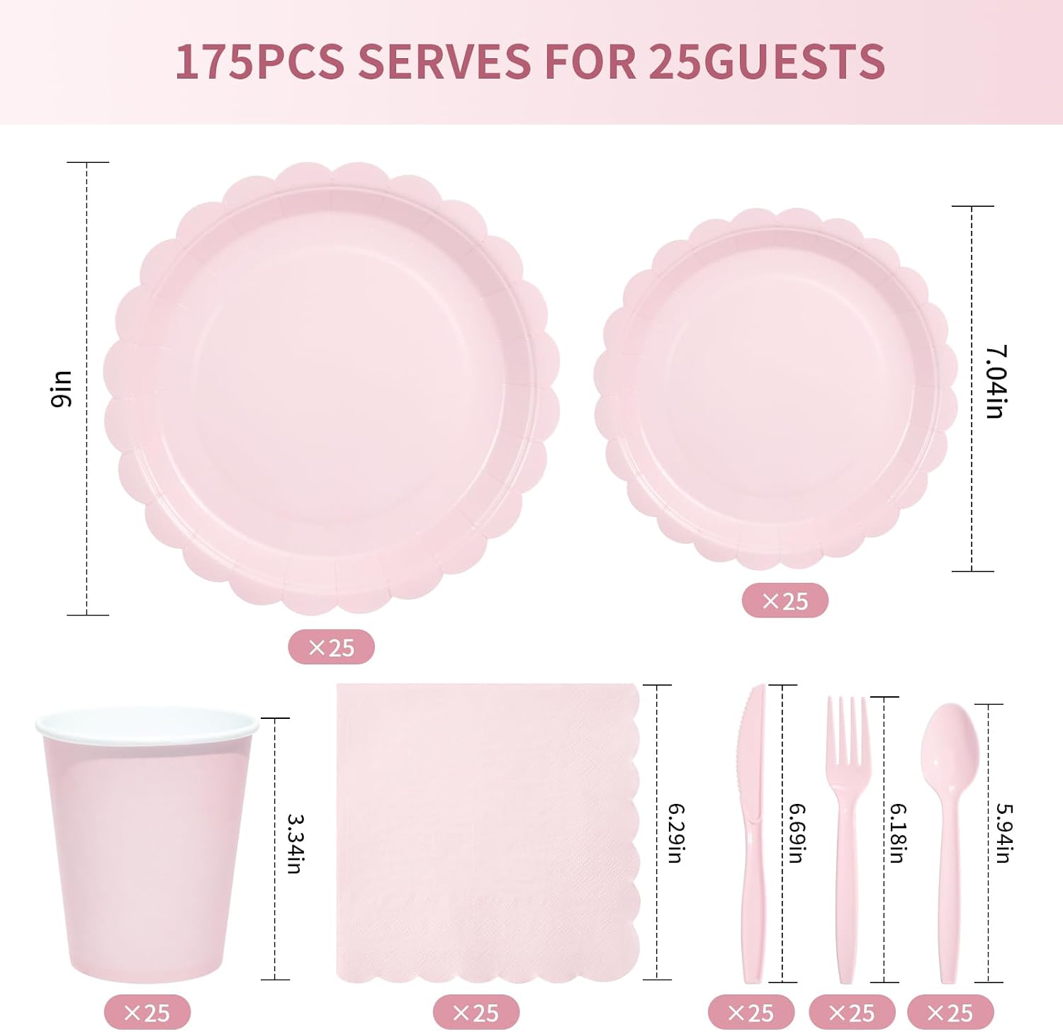 Goodluck 175 Pcs Pink Paper Plates Set, 25 Guest Party Supplies Includes Disposable Scalloped Party Plates, Napkins, Cups, Plastic Cutlery Set for Birthday, Bridal and Baby Shower - Image 2
