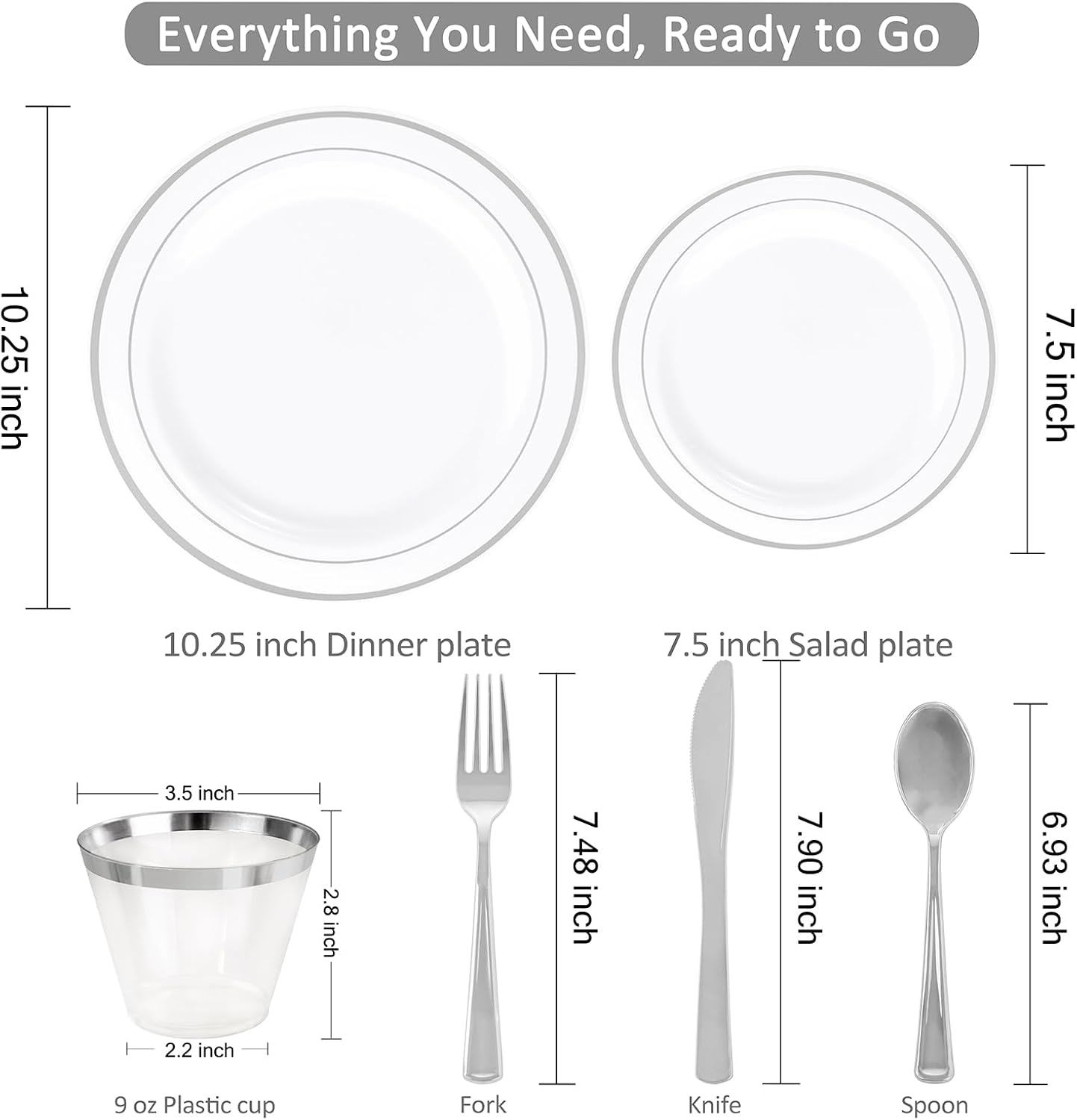 WELLIFE 350-Piece Silver Plastic Dinnerware Set - Disposable 10.25" Dinner Plates, 7.5" Dessert Plates, 9oz Silver Rim Cups & Cutlery for Weddings - 50 Guest Service - Elegant Disposable Silverware - Image 3
