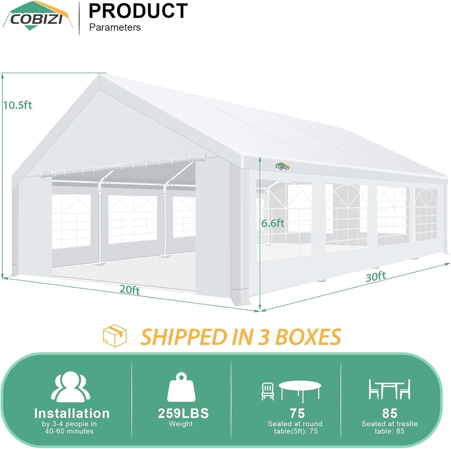 COBIZI 20x30 Outdoor Party Tent Heavy Duty Waterproof Canopy Shelter with 8 Sidewalls & 12 Church Windows, White Powder Coating, Built-in Sandbag Commercial Event Tents for Parties Wedding Patio BBQ - Image 2