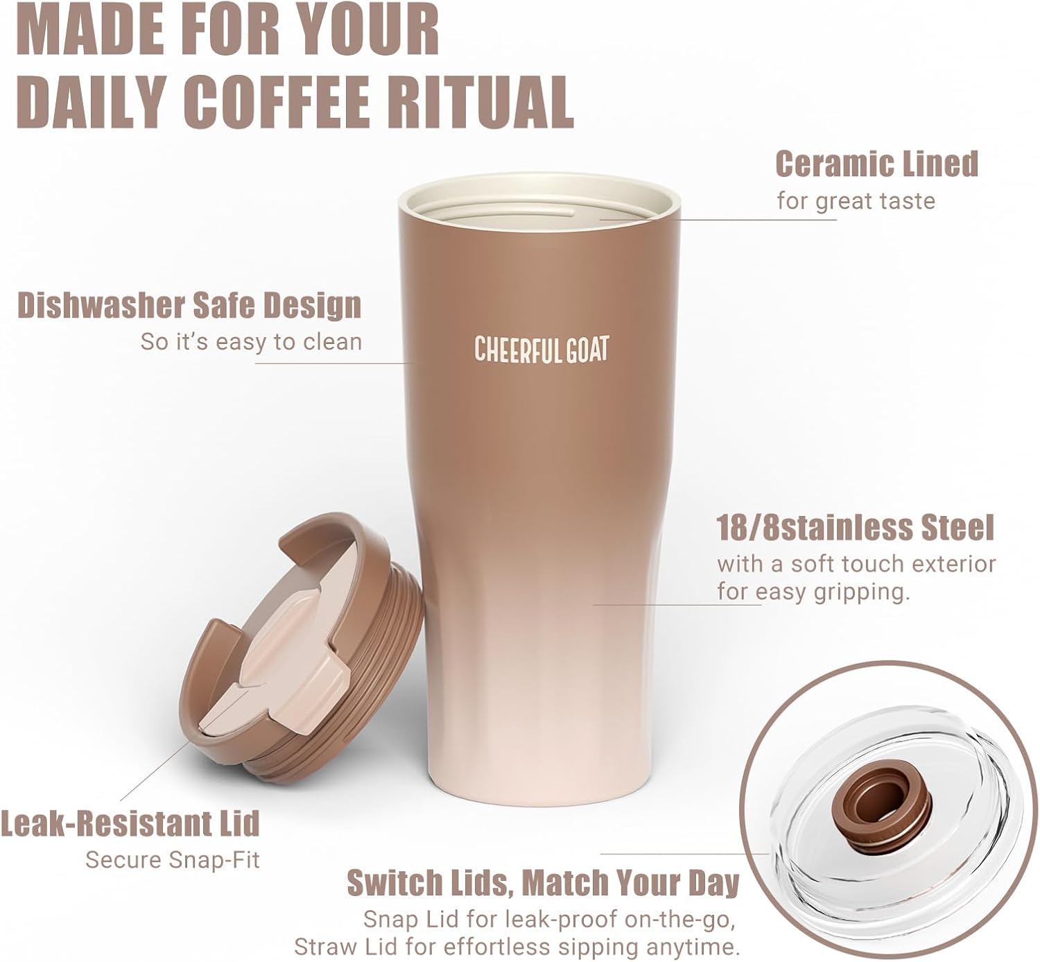 CHEERFUL GOAT Ceramic Lined Coffee Travel Mug – Stainless Steel Travel Coffee Tumbler with Ceramic Liner, with lid, 21 OZ Cup for Hot and Cold Water Coffee at Home, Office, or On the Go (Latte Ombre) - Image 4