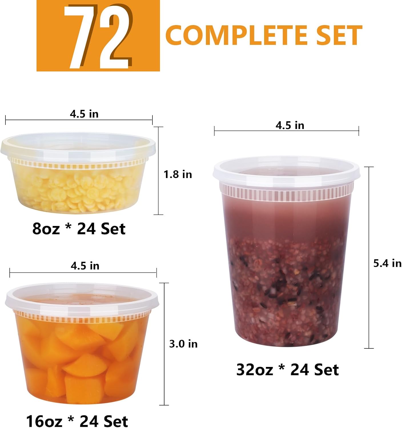 NESCCI 72 Sets (144-Piece) Deli Containers with Lids, 32/16/8 oz X 24 Set Each, Leak-Proof & BPA Free Airtight Takeout Plastic Food Storage Containers for Soup, Meal Prep,Microwave/Freezer Safe - Image 2