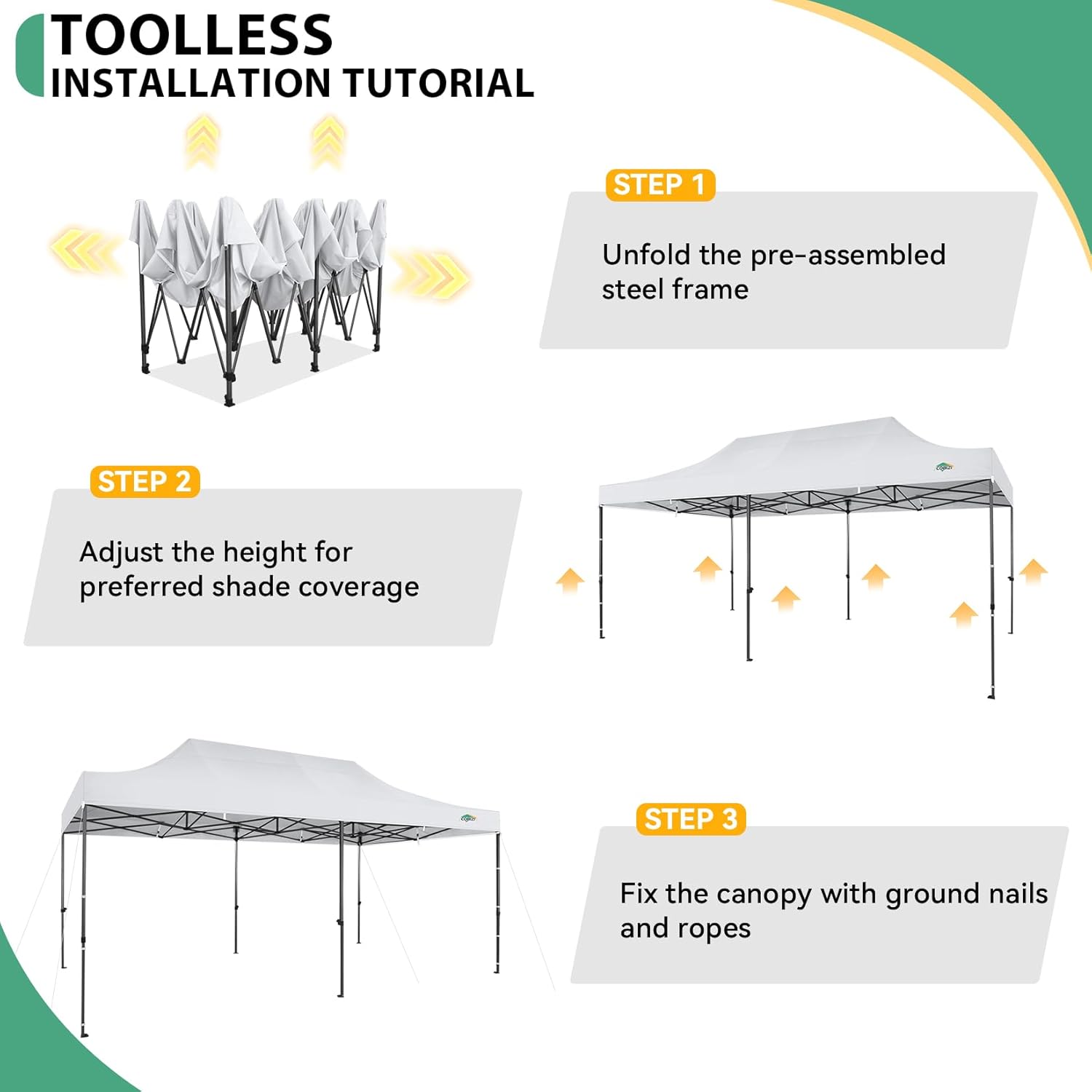 COBIZI 10x20 Heavy Duty Pop Up Canopy Tent with 6 Sidewalls Thicken Frame, Commercial Easy Up Outdoor Wedding Party Tents, All Season Waterproof Windproof with Stakes Sandbags Ropes Roller Bag, White - Image 5