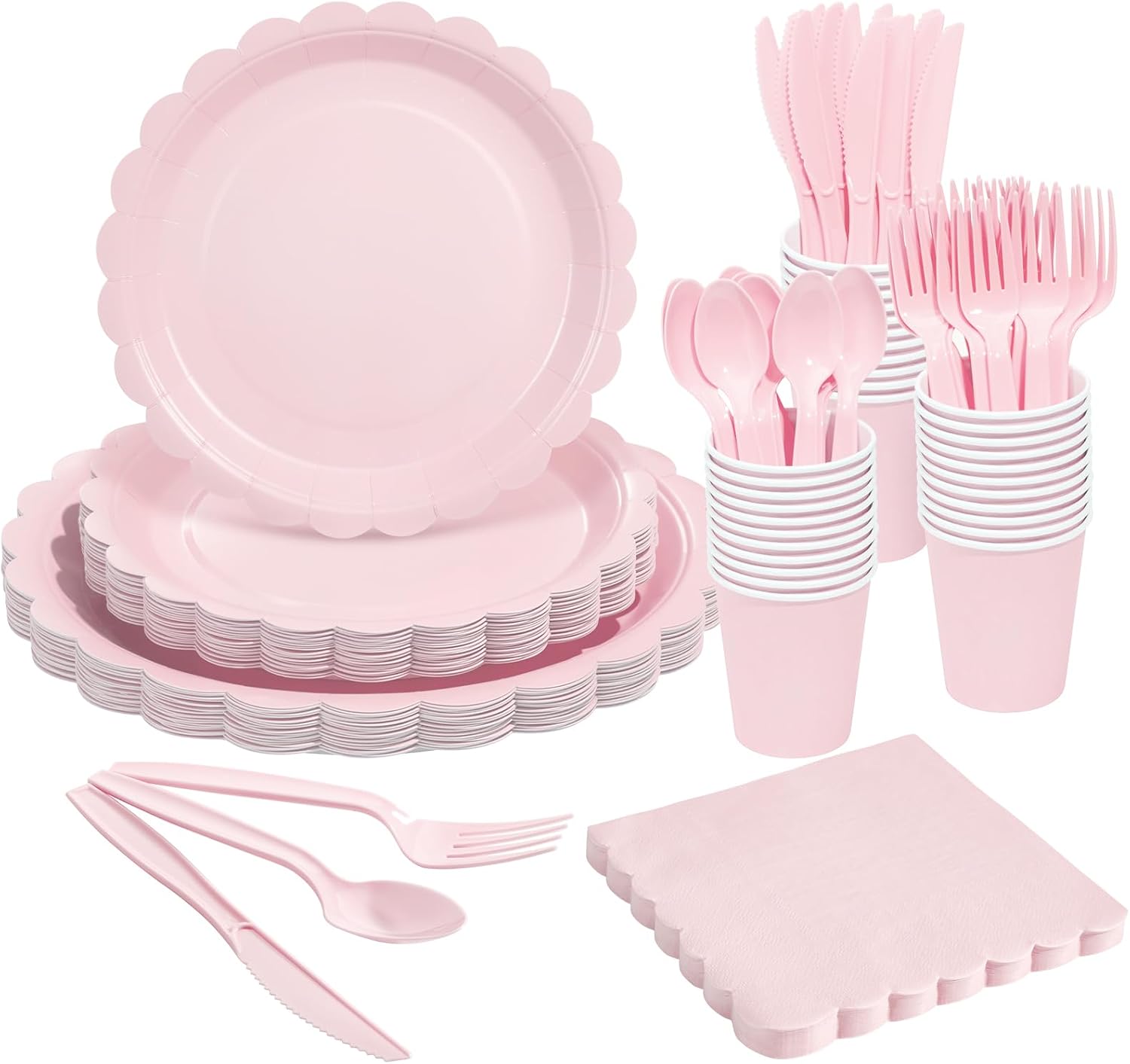 Goodluck 175 Pcs Pink Paper Plates Set, 25 Guest Party Supplies Includes Disposable Scalloped Party Plates, Napkins, Cups, Plastic Cutlery Set for Birthday, Bridal and Baby Shower