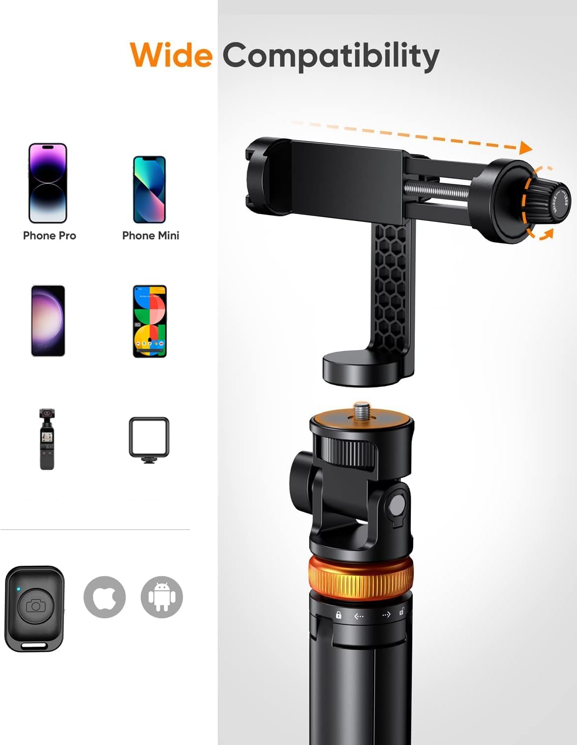 EUCOS 62" Phone Tripod, Tripod for iPhone & Selfie Stick with Remote, Extendable Cell Phone Stand & Ultimate Phone Holder, Solidest Phone Stand Compatible with iPhone/Android - Image 4