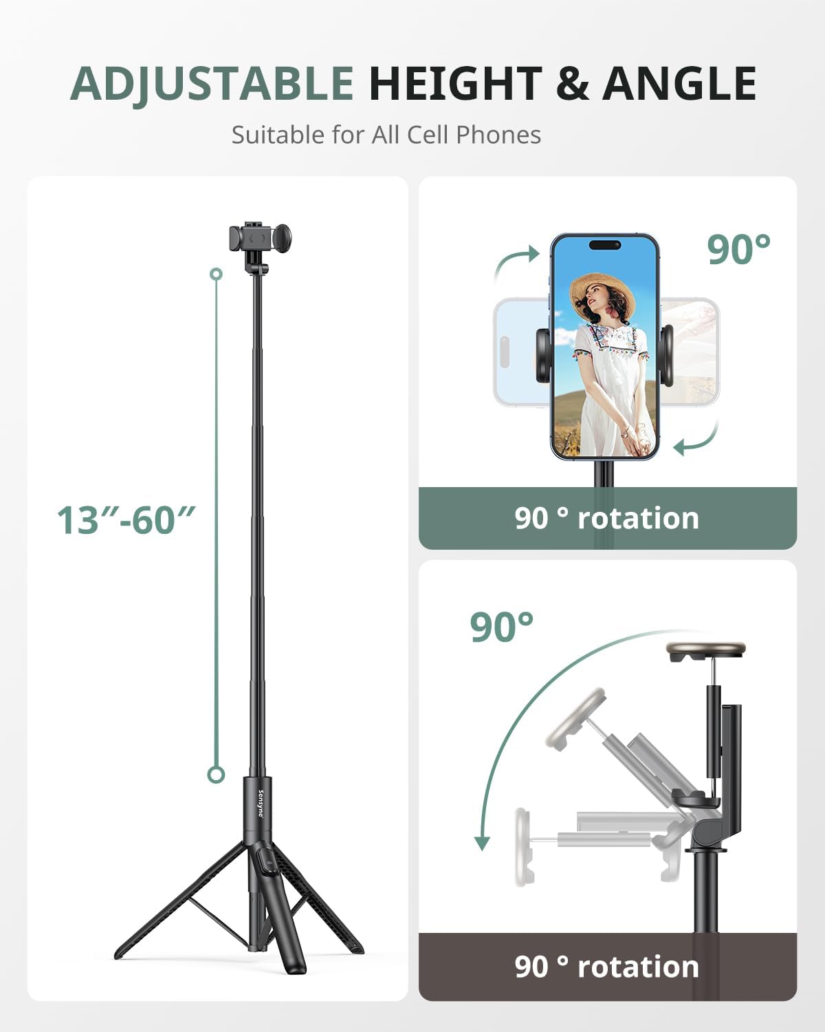 Sensyne 60" Phone Tripod - Selfie Stick, Lightweight All in One Phone Tripod Integrated with Wireless Remote Compatible with All Cell Phones for Selfie/Video Recording/Photo/Live Stream/Vlog(Black) - Image 5
