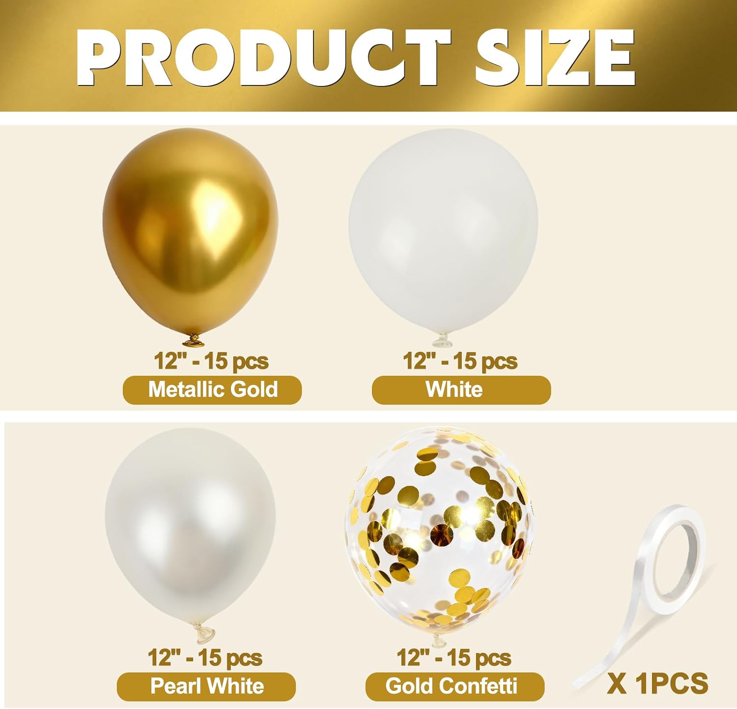 60Pcs 12 Inch White Gold Latex Balloons Kit - Pearl White, White, Metallic Gold Confetti Party Balloons with Ribbon for Wedding Shower, Anniversary, Baby Shower Decorations. - Image 3