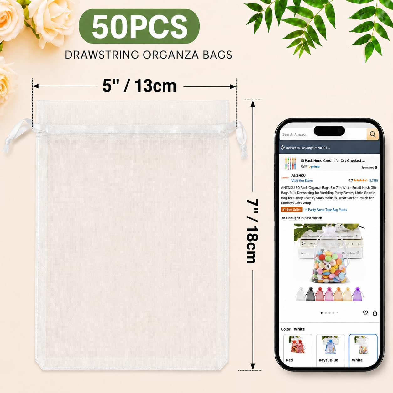 ANZNKU 50 Pack Organza Bags 5 x 7 in White Small Mesh Gift Bags Bulk Drawstring for Wedding Party Favors, Little Goodie Bag for Candy Jewelry Soap Makeup, Treat Sachet Pouch for Baby Shower Graduation - Image 2
