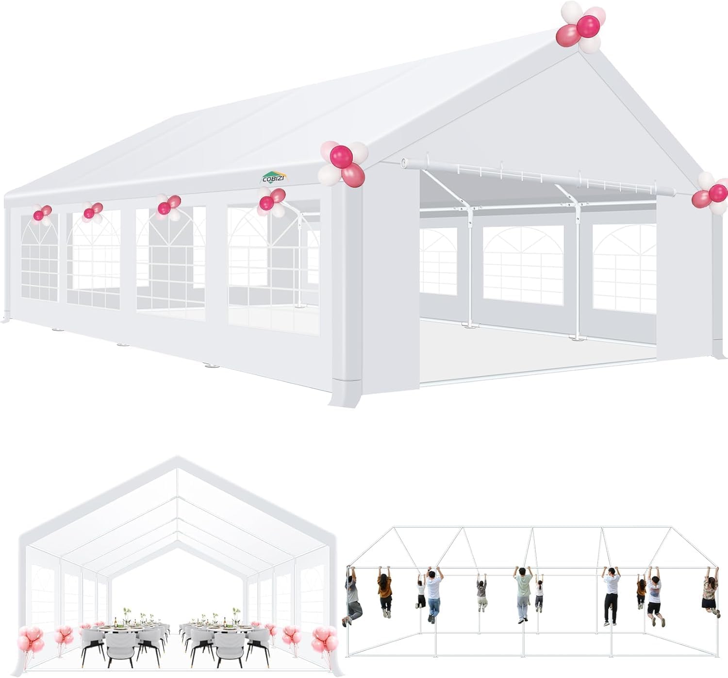 COBIZI 20x30 Outdoor Party Tent Heavy Duty Waterproof Canopy Shelter with 8 Sidewalls & 12 Church Windows, White Powder Coating, Built-in Sandbag Commercial Event Tents for Parties Wedding Patio BBQ