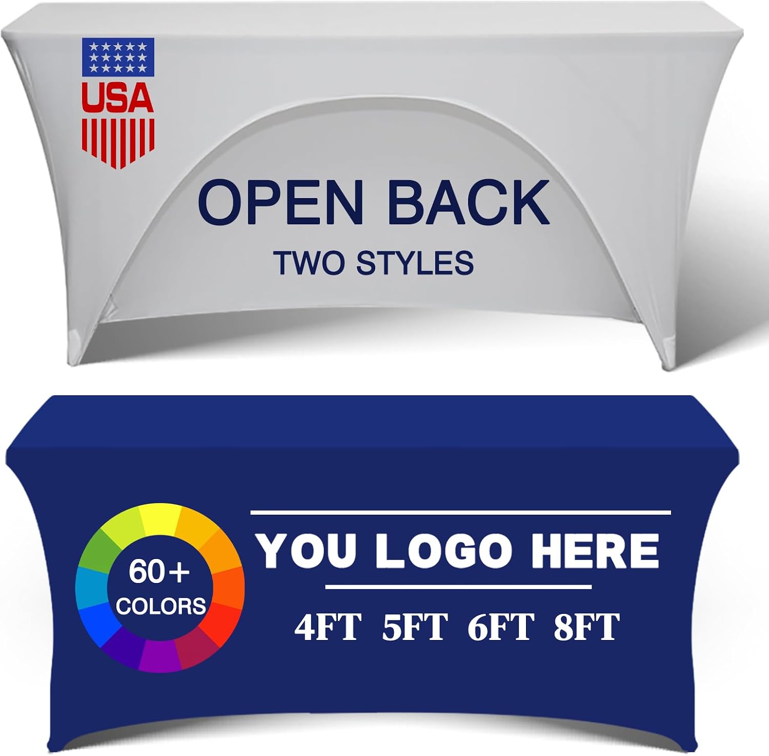 Custom Stretch Spandex Table Cloth with Business Logo 4/5/6/8 FT Personalized Table Cloths for Tradeshow Events/Company/School/Associations/Shop/Church/Club /Society Two Styles (4FT Open Back)