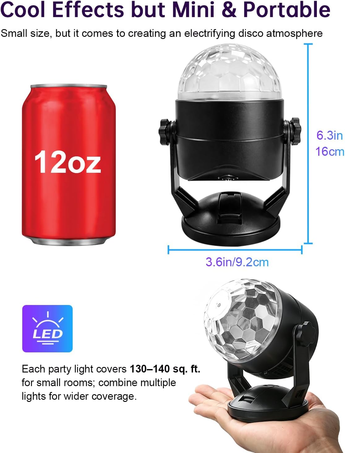 Luditek 2-Pack Portable Sound Activated Party Lights Indoor, Battery Powered/USB Dj Disco Ball Strobe Lights for Car Room, Adults Gifts, New Years Eve Party Supplies 2025 Christmas Decorations - Image 2