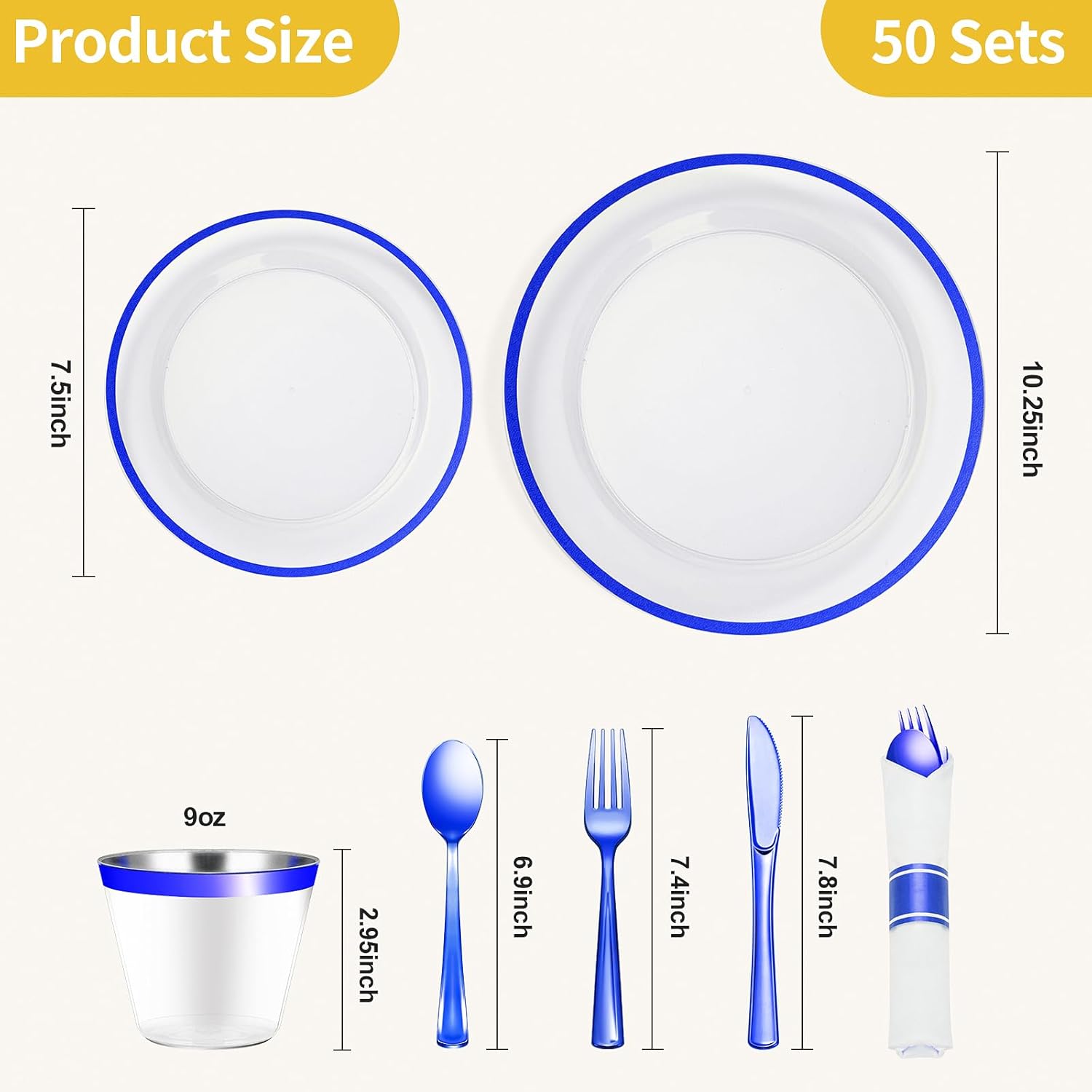 Goodluck 350 Piece Dark Blue Plastic Dinnerware Set for Party, Clear Disposable Plates for 50 Guests, Includes 100Plates, 50 Pre Rolled Napkins with Cutlery Set, 50 Cups, for Graduation, Birthday - Image 3