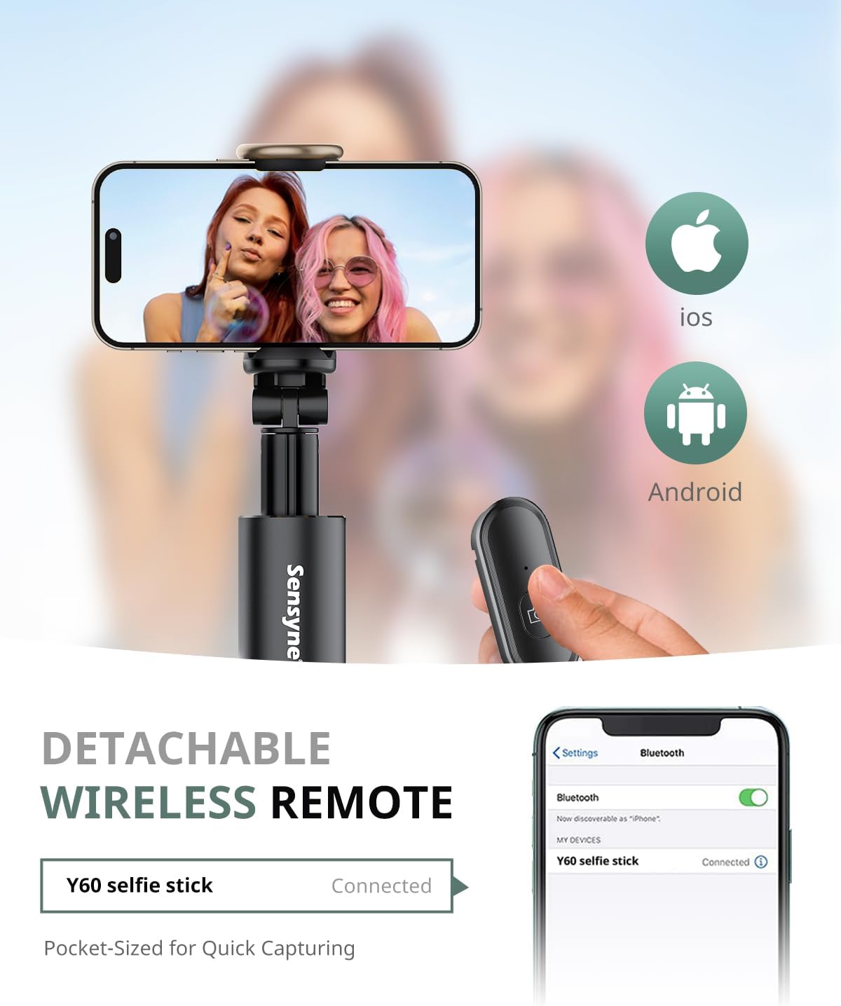 Sensyne 60" Phone Tripod - Selfie Stick, Lightweight All in One Phone Tripod Integrated with Wireless Remote Compatible with All Cell Phones for Selfie/Video Recording/Photo/Live Stream/Vlog(Black) - Image 3
