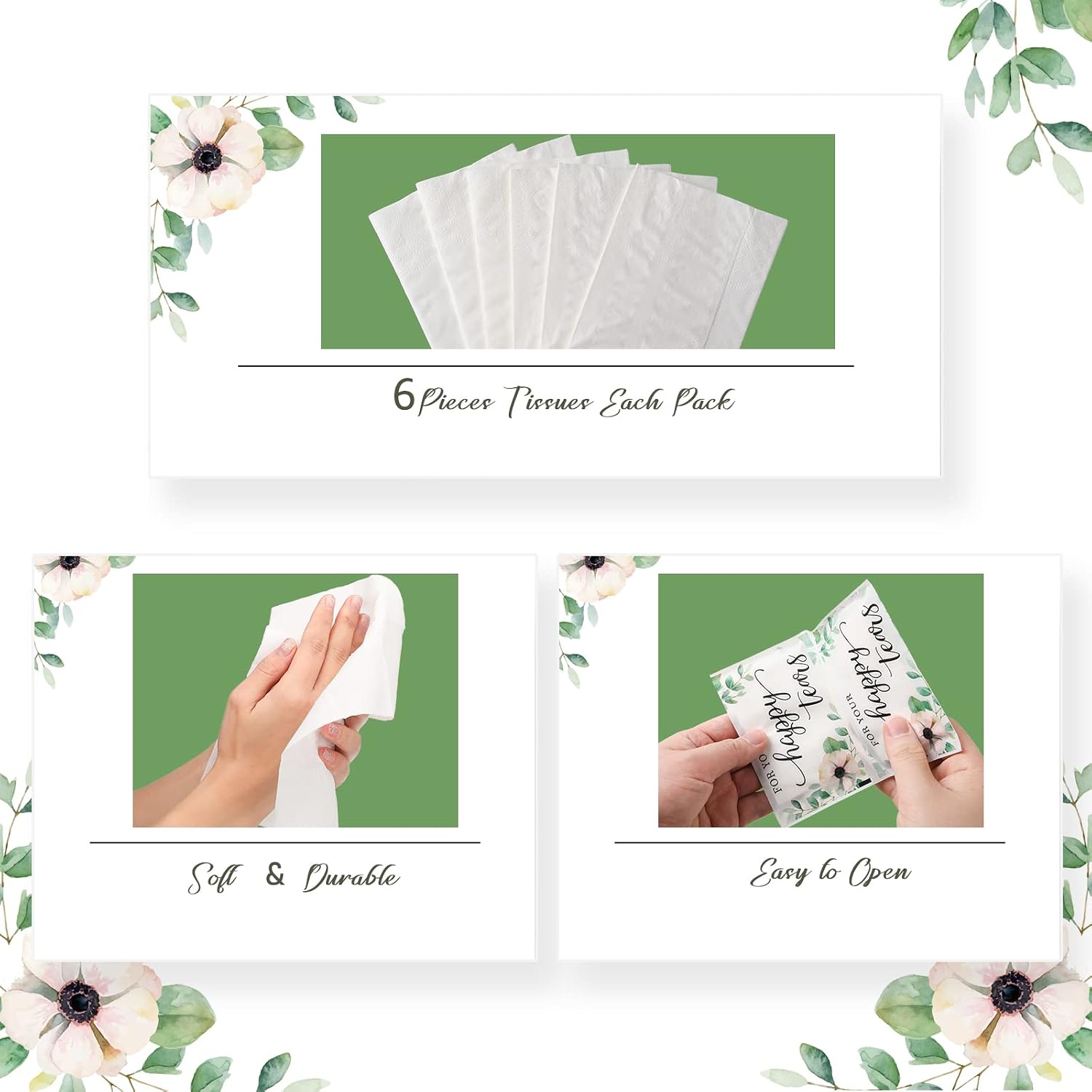 Yinder 60 Bulk Happy Tears Tissue Packs for Wedding 3 Ply Pocket Size Tissues Packs for Guests Facial Individual Wedding Favors Party Supplies Travel Graduation Celebration(Green Flower) - Image 3