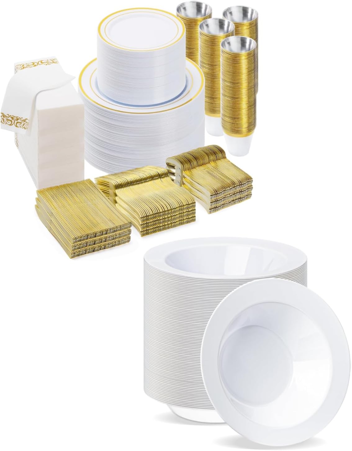 BESTVIP Gold Dinnerware Set for 100 Guests, Plastic Dinnerware Set for Party, Include: 100 Gold Dinner Plates, 100 White Bowls, 100 Dessert Plates, 100 Silverware Set, 100 Cups, 100 Paper Napkins