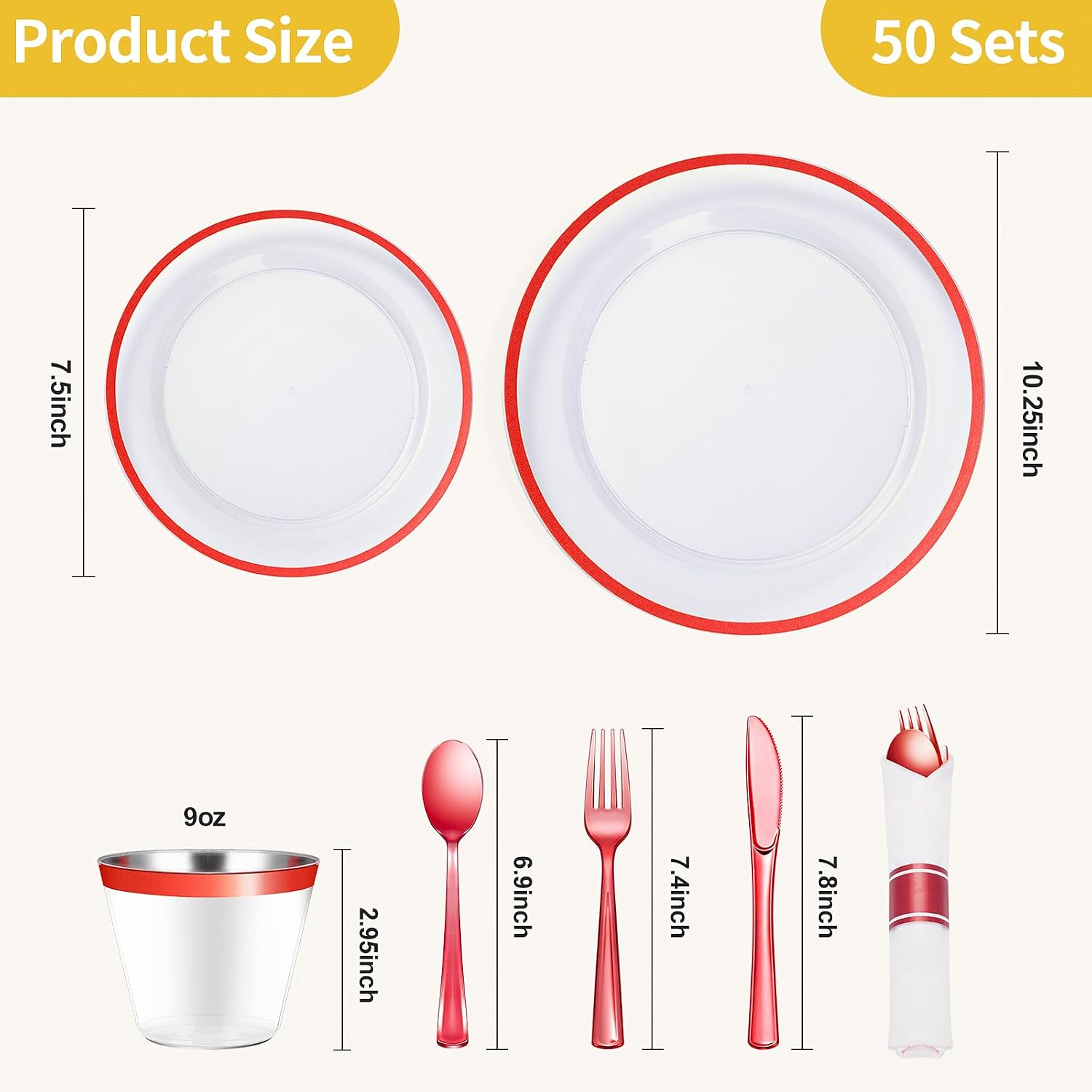 Goodluck 350 Piece Red Plastic Dinnerware Set for Party, Clear Disposable Plates for 50 Guests, Includes 100 Plates, 50 Pre Rolled Napkins with Cutlery Set, 50 Cups for Graduation, Wedding, Christmas - Image 4