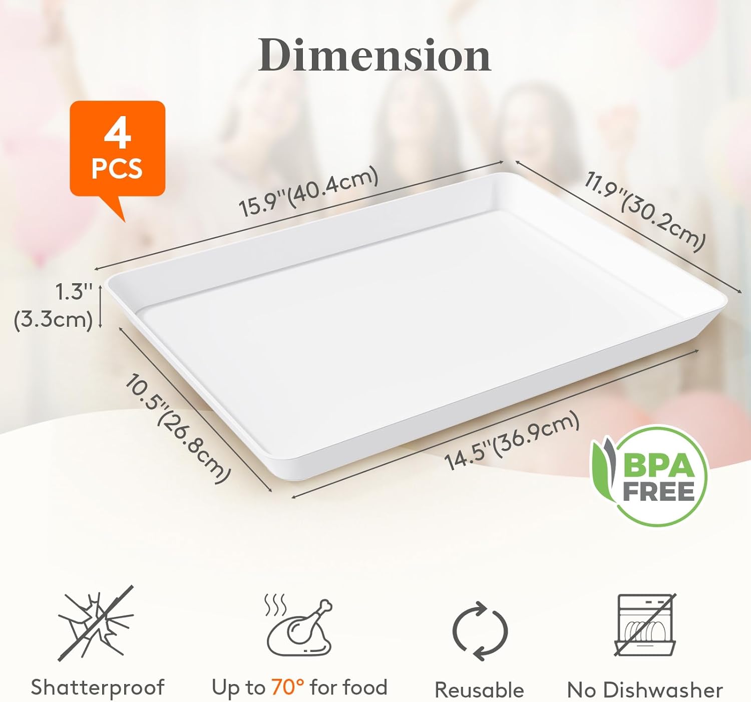 Lifewit 16" x 12" Extra Large Plastic Serving Trays for Party, 4 Pack Reusable White Food Platters for Cookies, Desserts, Fruit, Appetizers & Charcuterie, BPA-Free Catering Trays for Parties & Buffets - Image 2