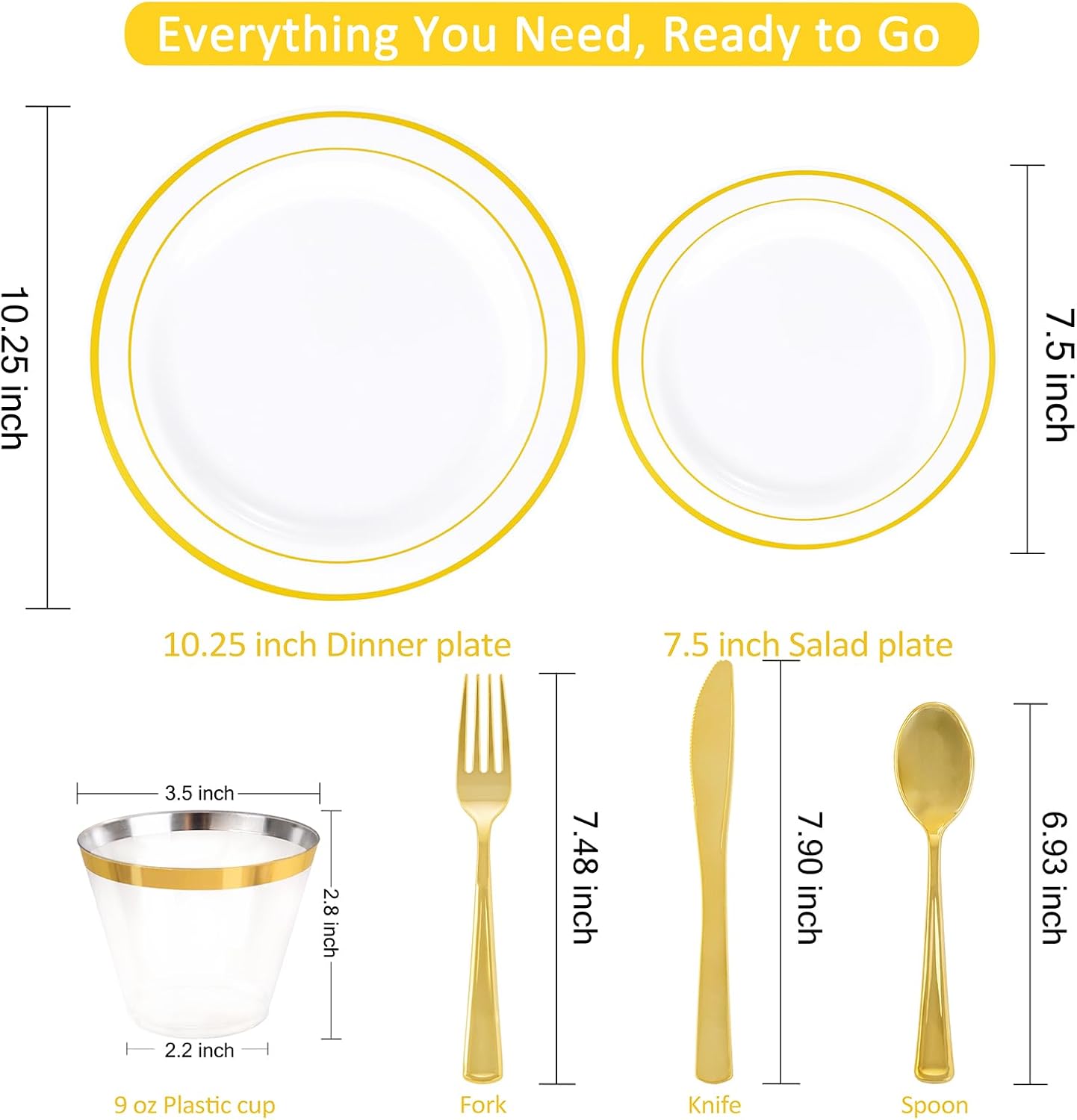WELLIFE 350-Piece Gold Disposable Plates and Cutlery Set - Premium 10.25" Dinner Plates, 7.5" Dessert Plates, 9oz Cups & Cutlery for Weddings, Catering Events - 50 Guest Service - Elegant & Sturdy - Image 2