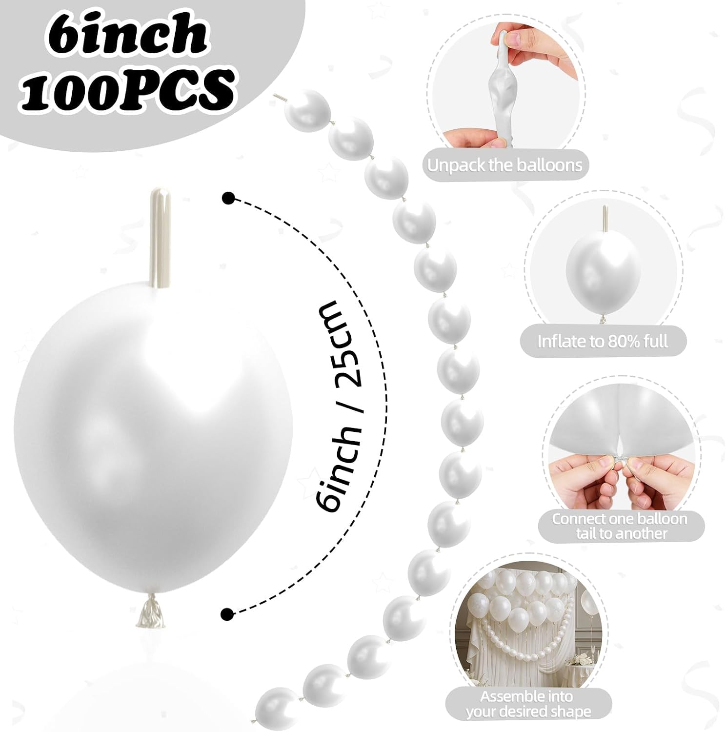 Pearl White Linking Balloons,100pcs 6 Inch Quick Link Long Balloons for Tying Balloon Arch,Tails Balloon Wall,for Wedding Anniversary Engagement Birthday Baby Shower Graduation Party Decorations - Image 2