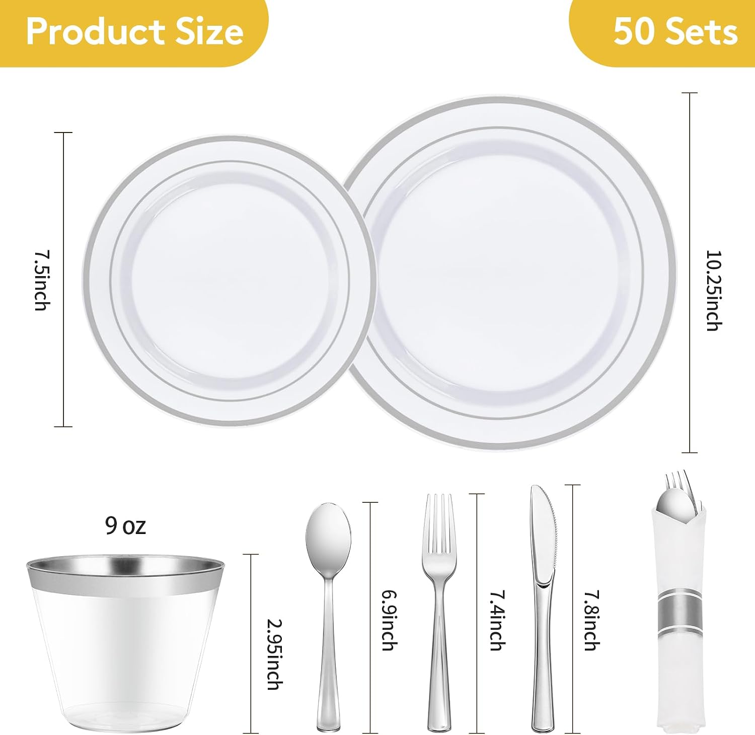 Goodluck 350 Piece Silver Plastic Dinnerware Set for 50 Guests, Fancy Disposable Plates for Party, Include: 50 Dinner Plates, 50 Dessert Plates, 50 Pre Rolled Napkins with Silver Silverware, 50 Cups - Image 4