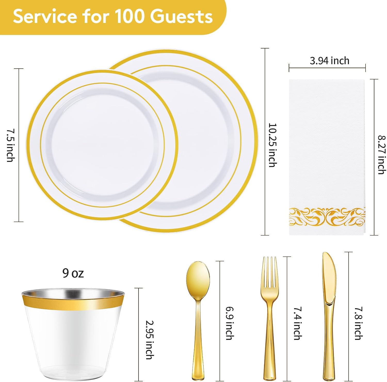 Goodluck 700 Pieces Gold Dinnerware Set for 100 Guests, Disposable for Party, Include: 100 Gold Rim Dinner Plates, 100 Dessert Plates, 100 Paper Napkins, 100 Cups, 100 Plastic Silverware Set - Image 4