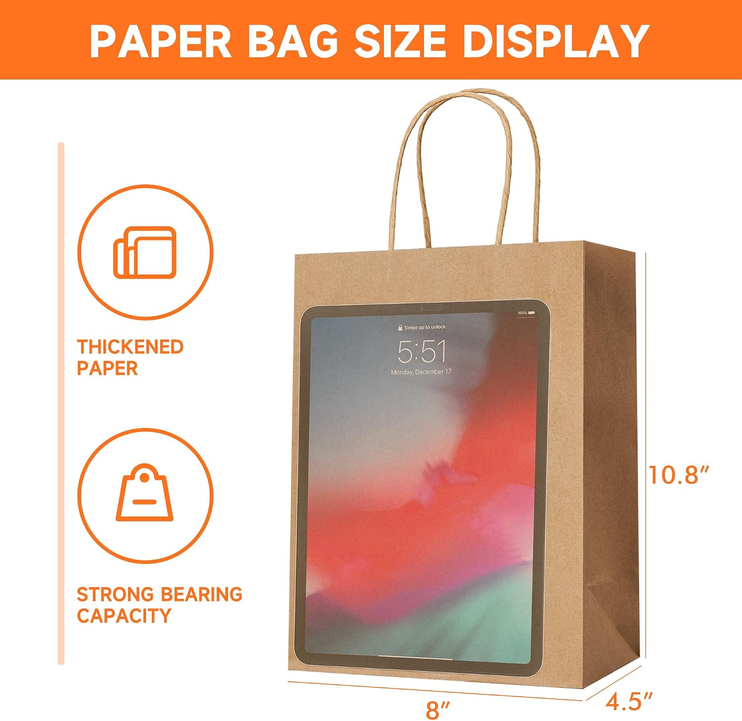 METAPRINT Brown Paper Gift Bags with Handles in Bulk, 100pcs Kraft Paper Bags 8x4.5x10.8 inch, Recyclable Shopping Bags for Retail, Grocery, Party Favors, Wedding - Image 2