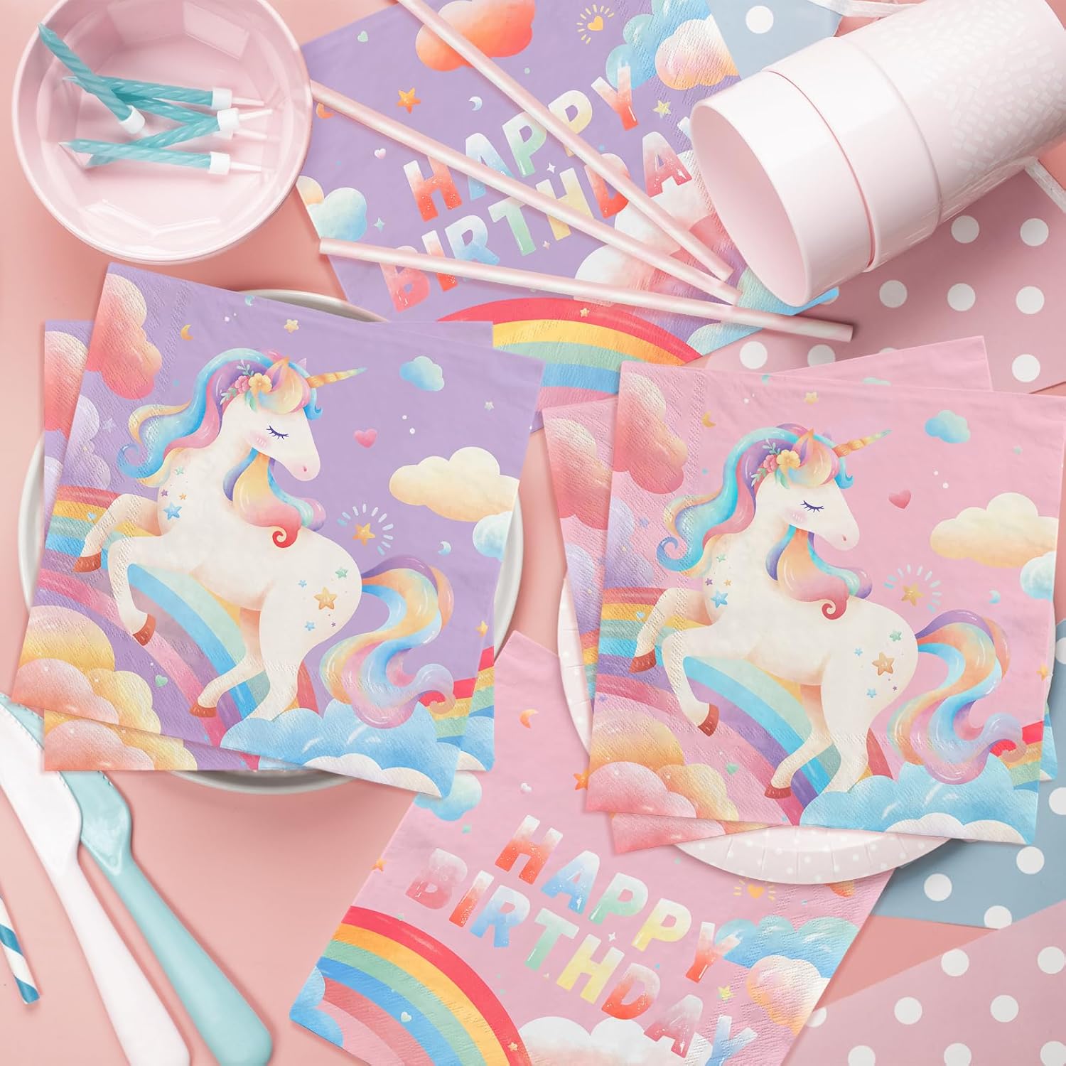 birthday Party Supplies Kit for 24 Guests - for Unicorn Birthday Decorations, Includes Dinner & Dessert Plates, Napkins, Cups, Banner and Tablecloth for Unicorn 1st Birthday Party Decorations - Image 7